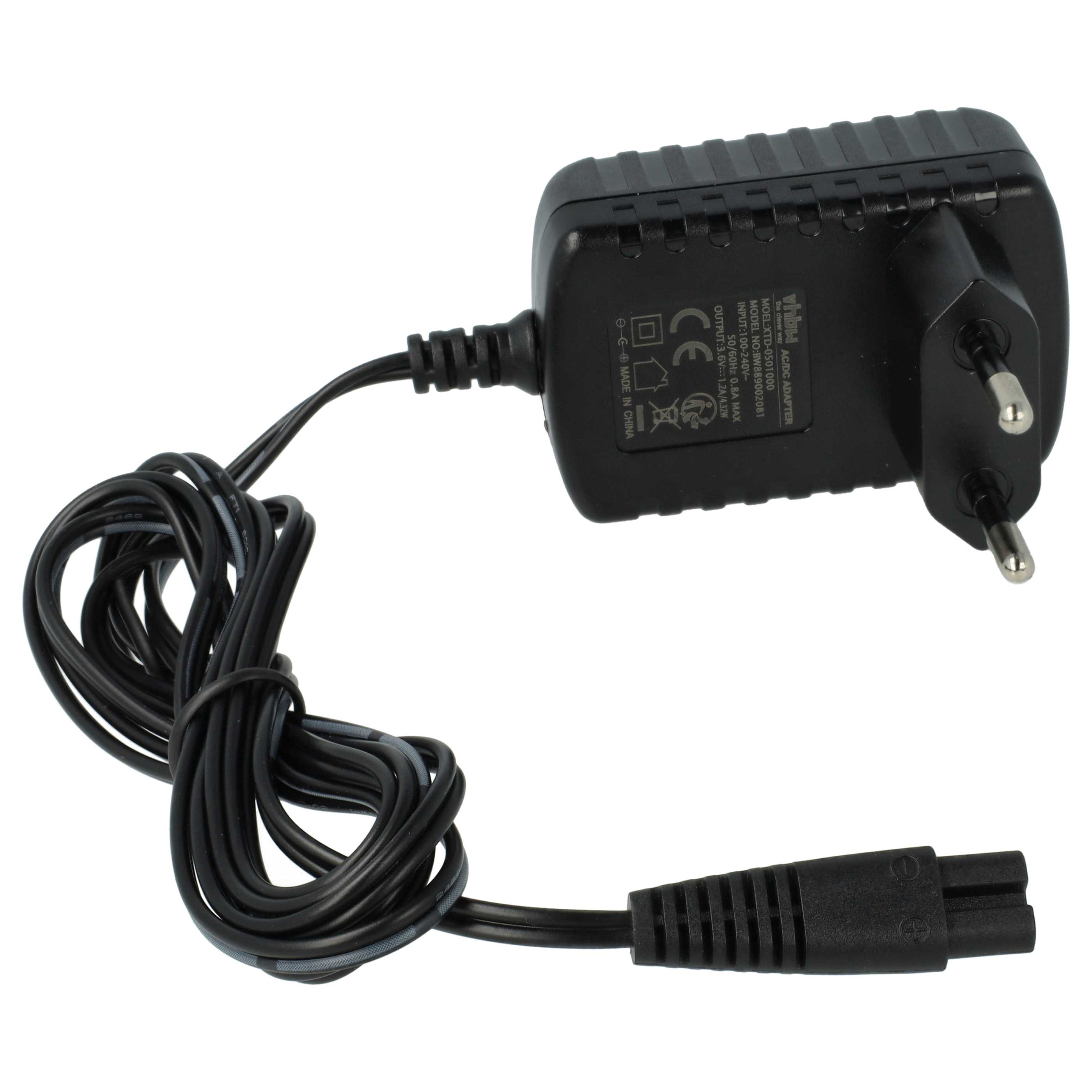 Schwarzes AC/DC-Netzteil mit Stecker und Kabel, das in einem Stecker endet, vor weißem Hintergrund.