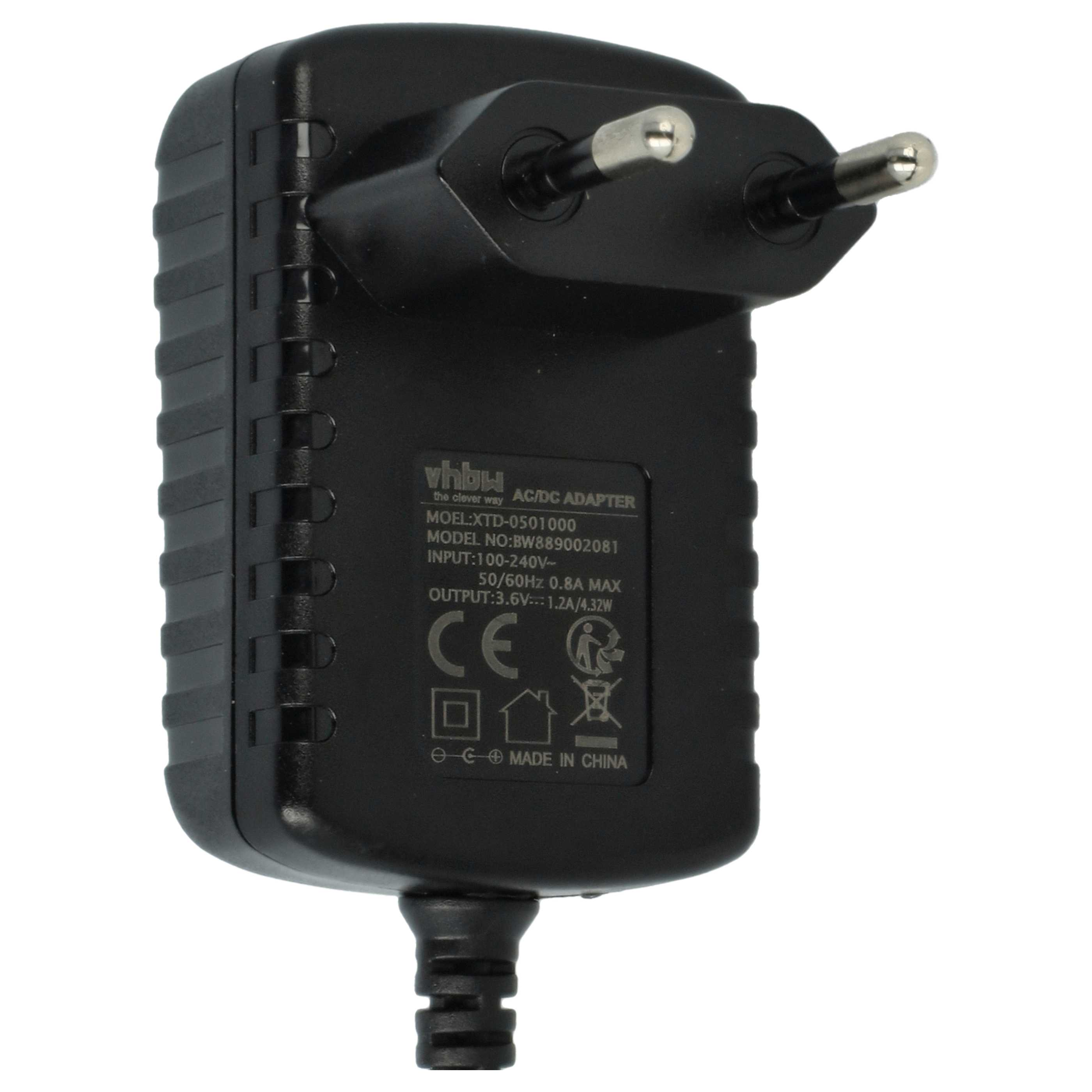 Schwarzes AC/DC-Netzteil mit Stecker und Etikett. Es ist mit Modell- und Spannungsdetails und 'Made in China' gekennzeichnet.