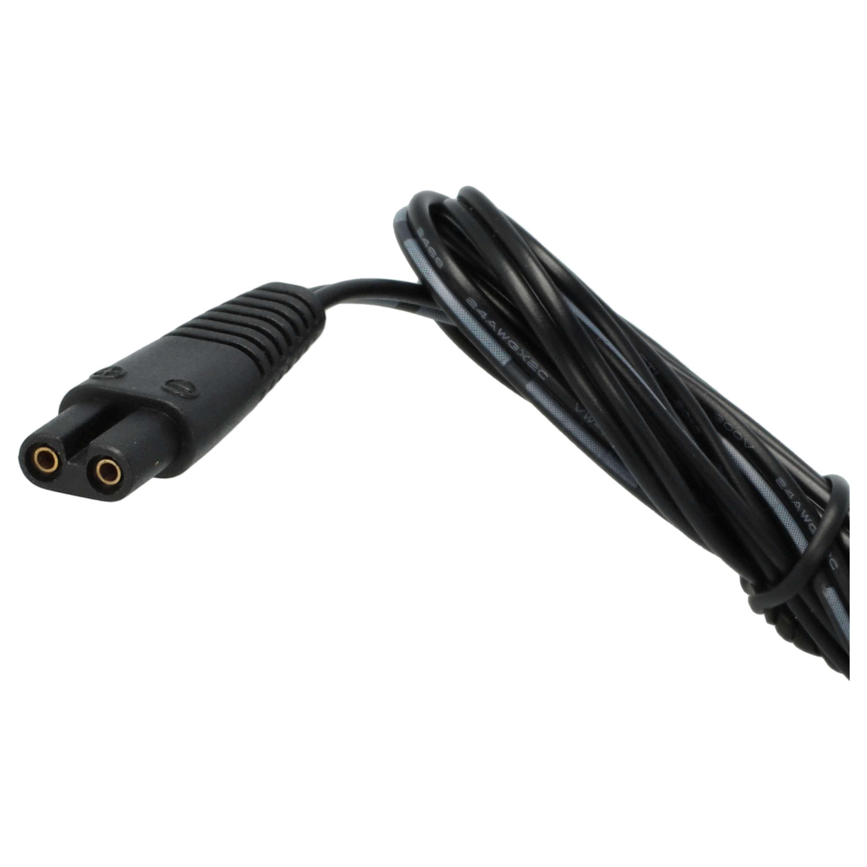 Schwarzes Elektrokabel mit einem zweipoligen Stecker und gewickelten Drähten. Das Kabel ist auf weißem Hintergrund.