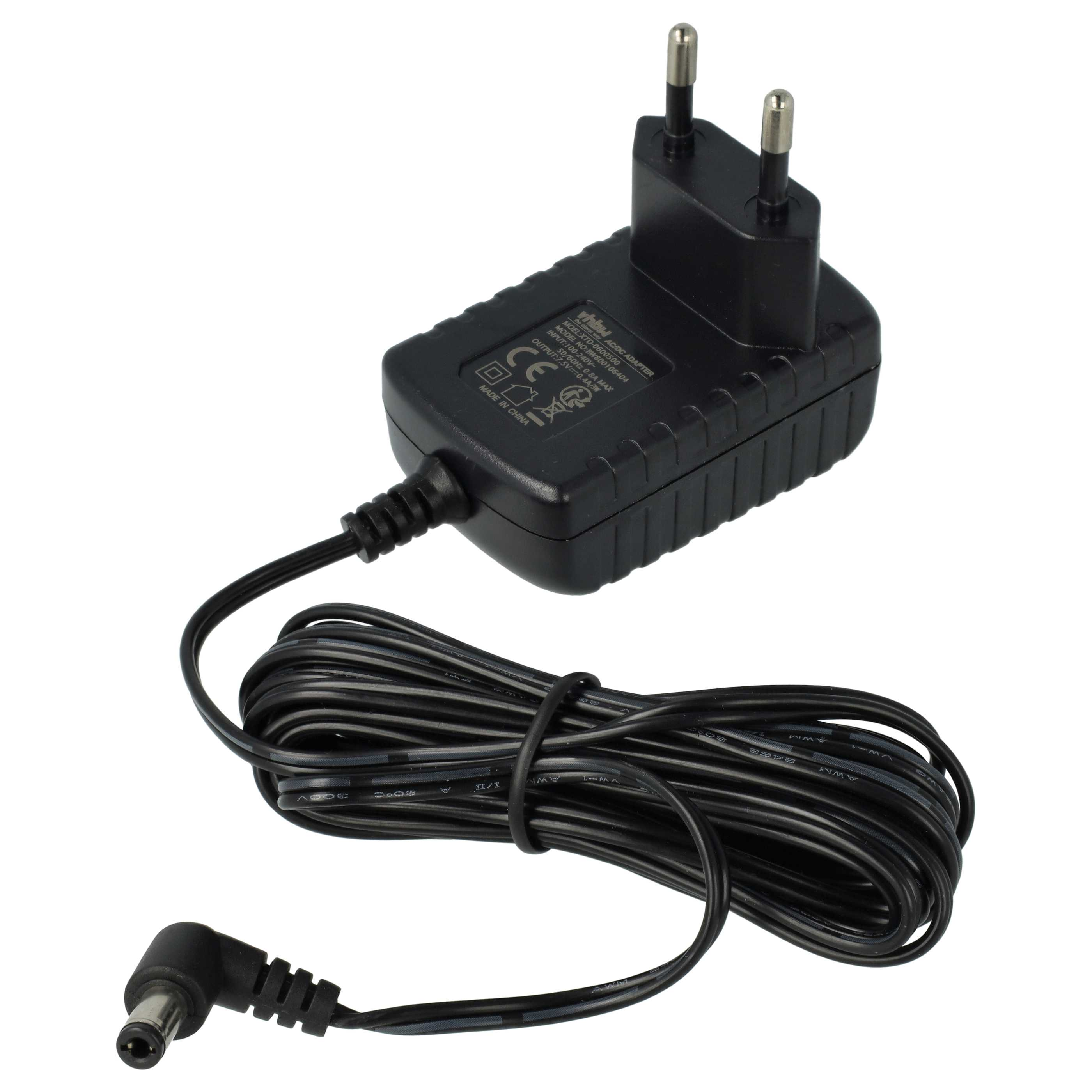 Schwarzes AC/DC-Netzteil mit schwarzem Kabel und Stecker. Der Adapter hat zwei Stifte für die Steckdose.