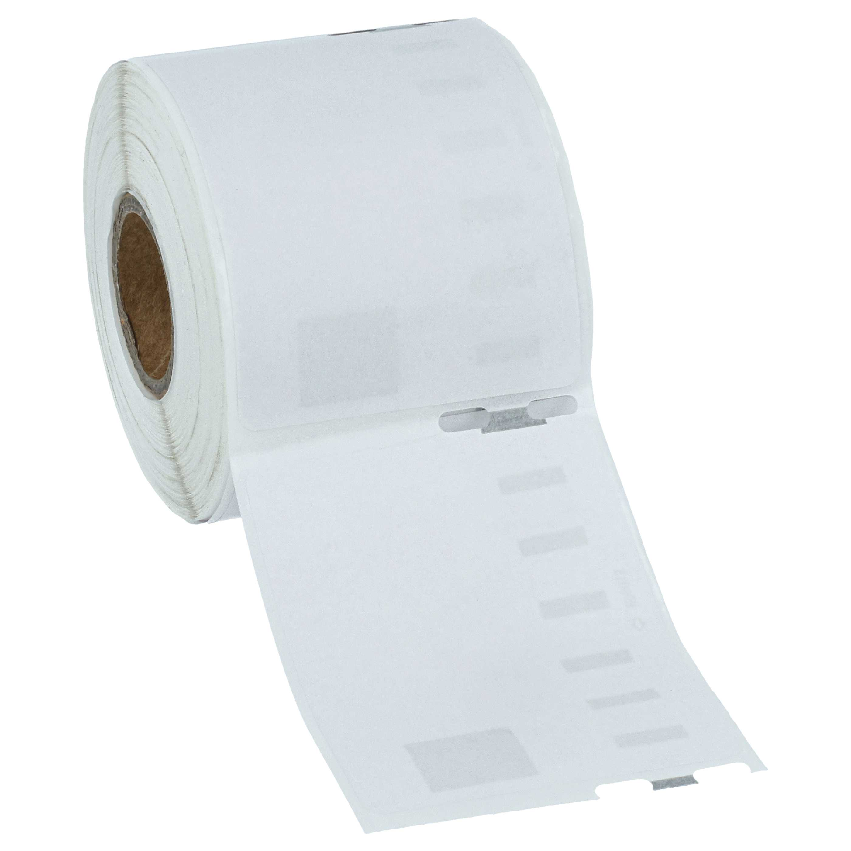 Eine Rolle weißer Etiketten mit einem braunen Pappkern. Einige Etiketten sind abgezogen, ein Design ist teilweise sichtbar.