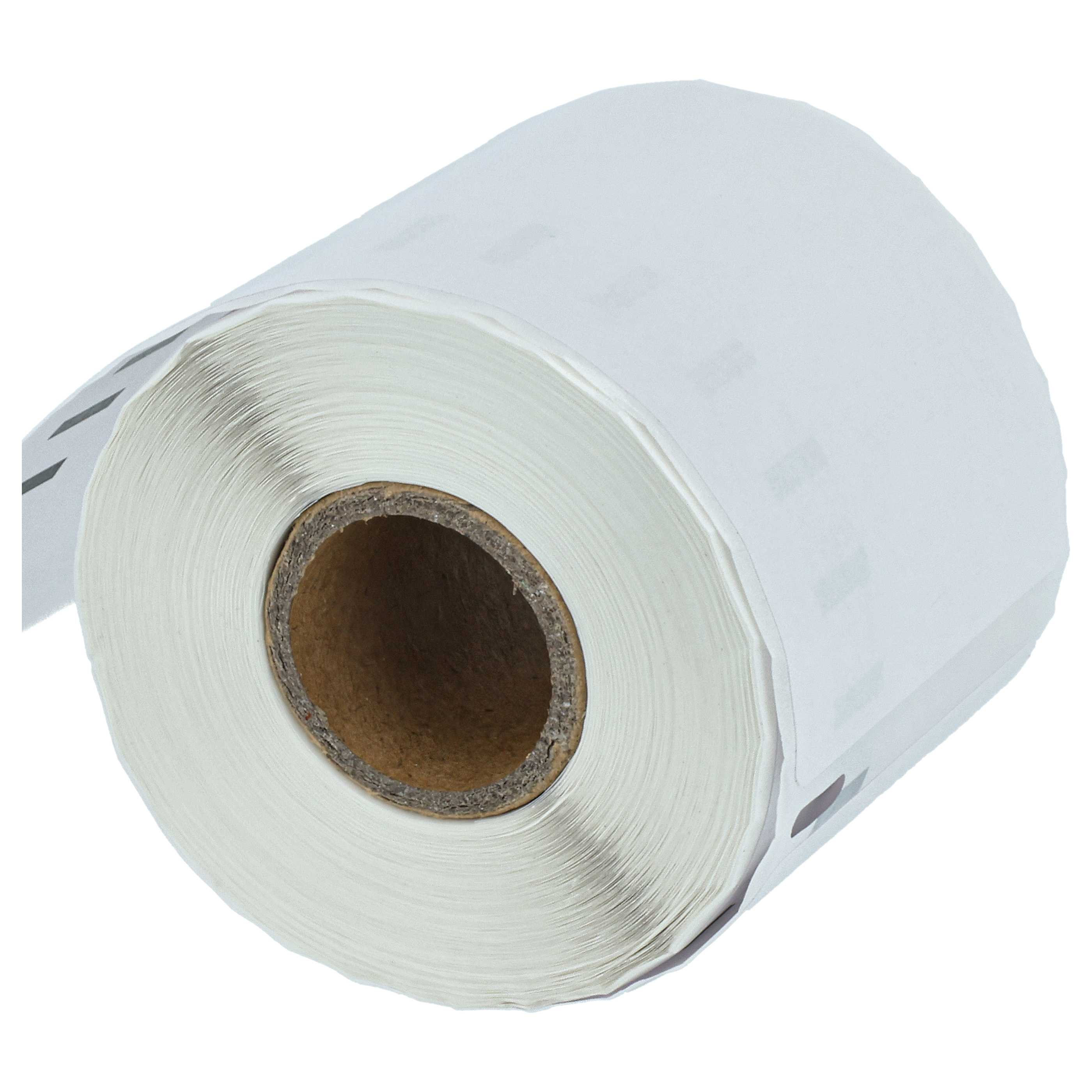 Eine Rolle weißer Etiketten mit einem braunen Pappkern. Die Etiketten sind teilweise abgezogen, wobei die Schichten sichtbar sind.