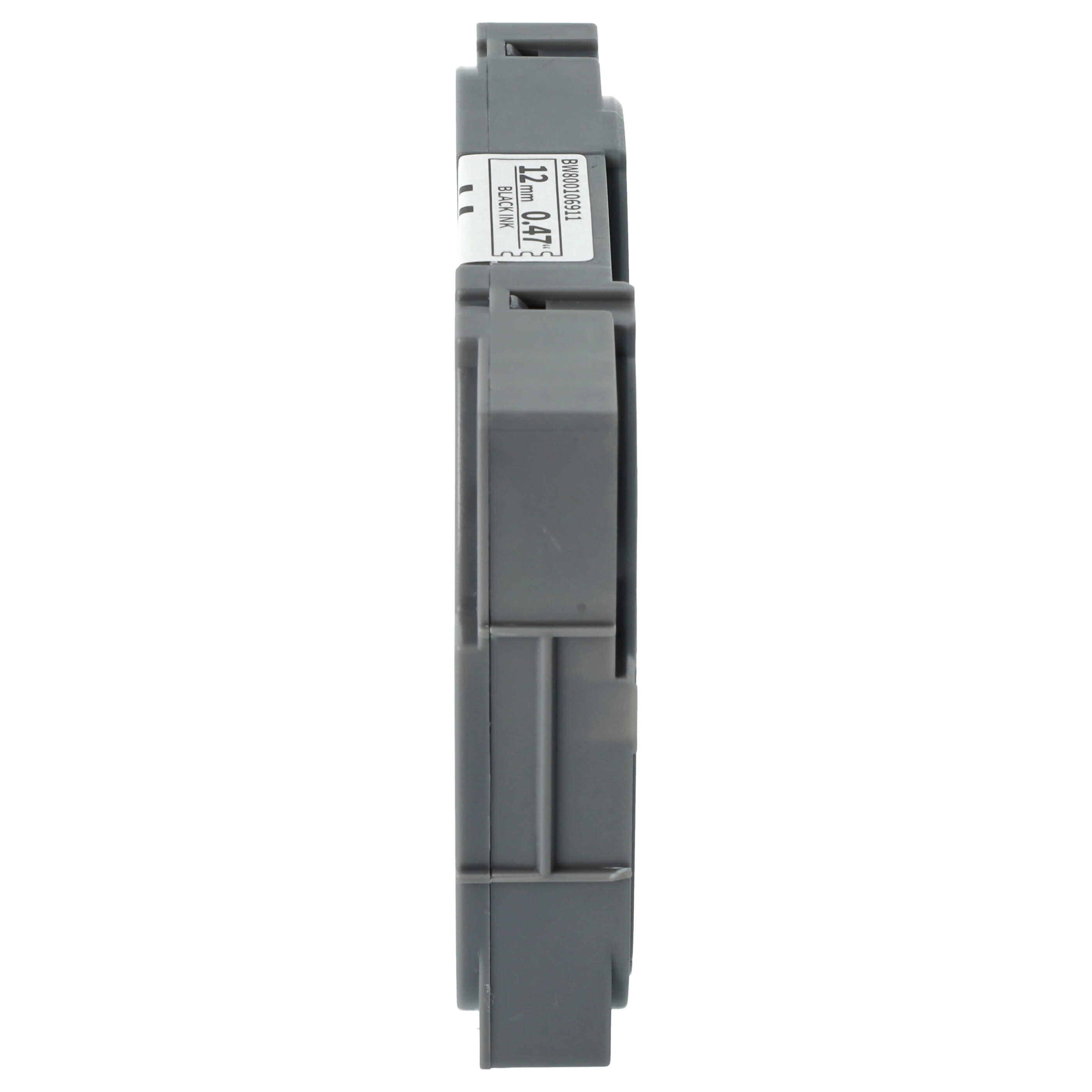 Ein graues, rechteckiges elektronisches Bauteil mit einem Etikett, das Abmessungen und Details zur schwarzen Tinte zeigt, isoliert auf Weiß.
