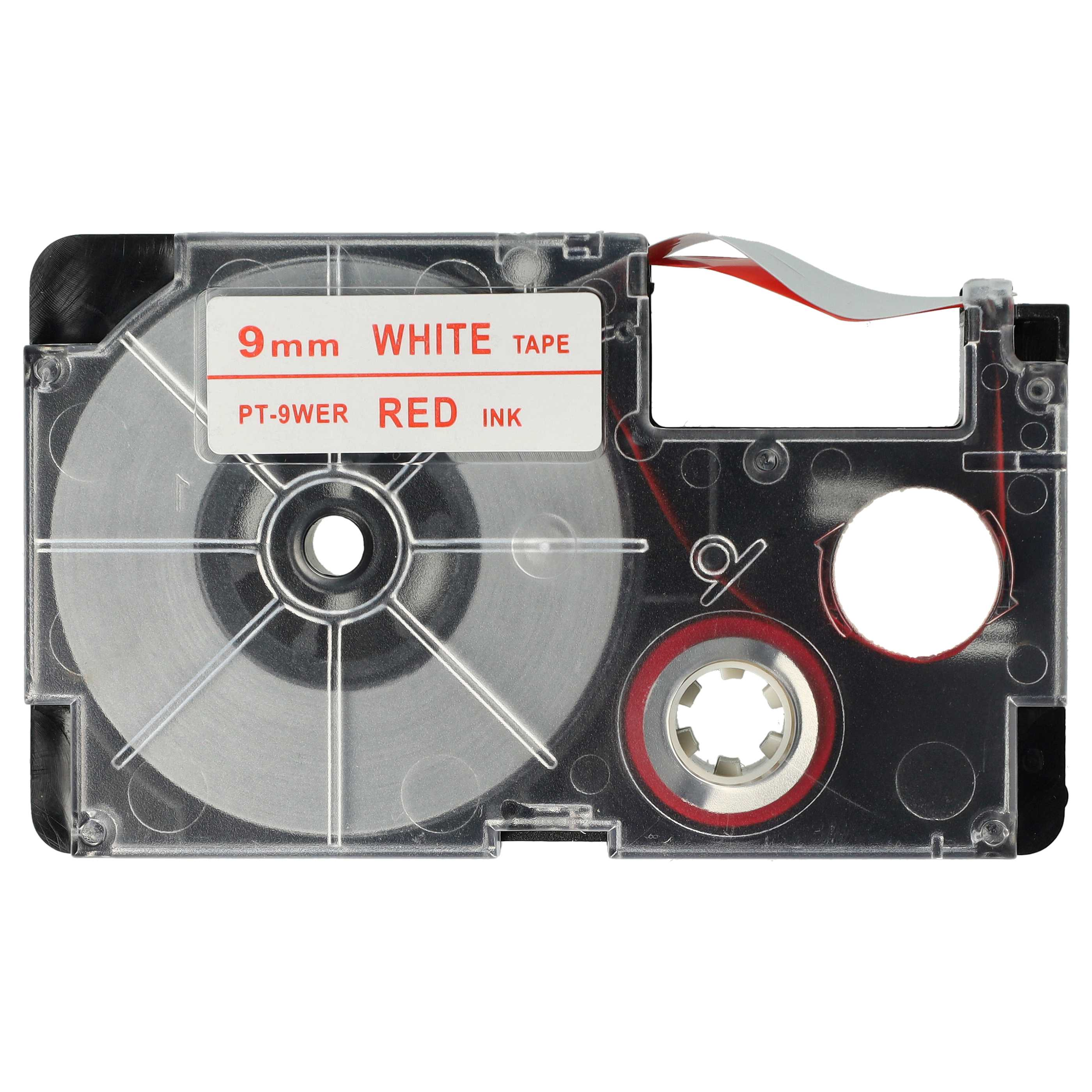 Etikettendrucker-Bandkassette mit weißem Band und roter Tinte. Der Text lautet '9mm WHITE TAPE' und 'PT-9WER RED INK'.