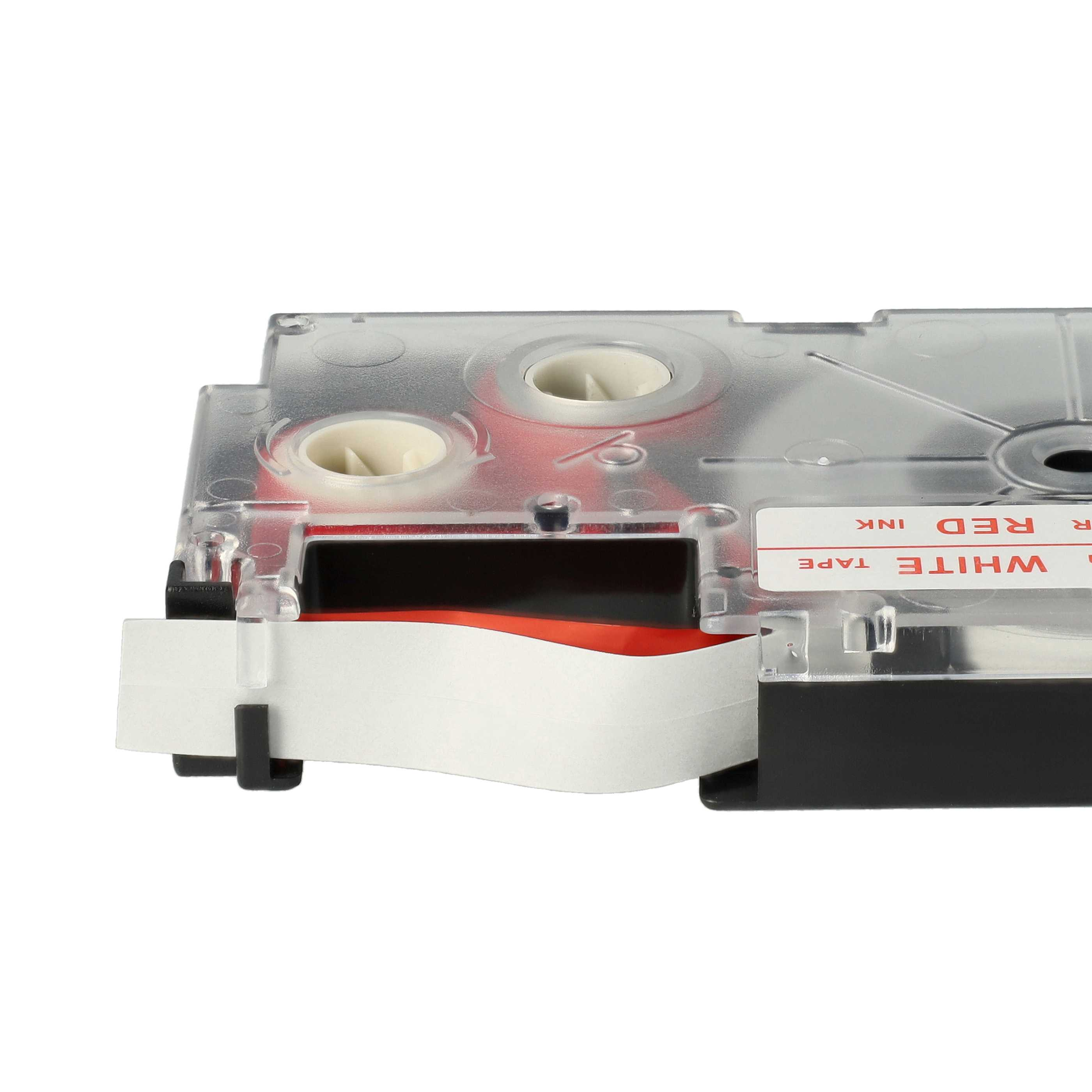Etikettendruckerpatrone. Klares Kunststoffgehäuse mit roter Tinte und weißem Band. Der Text lautet 'WHITE TAPE RED INK'.