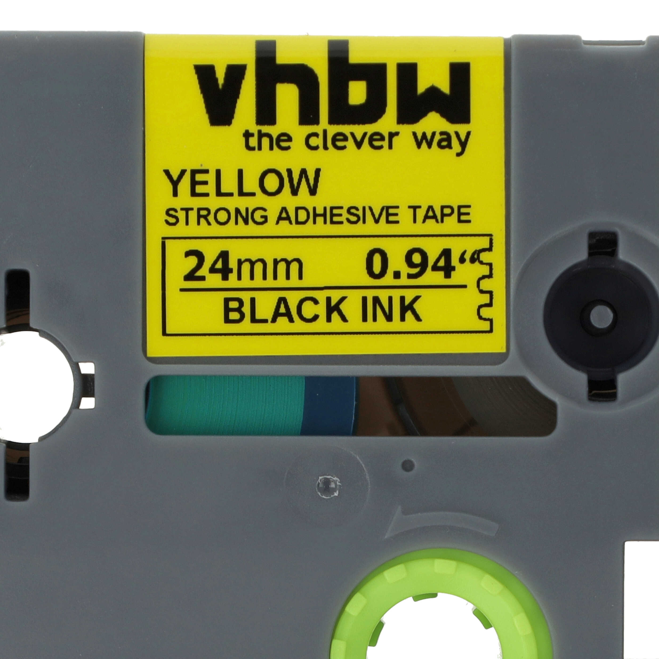 Ein gelbes Etikett mit schwarzem Text mit der Aufschrift 'YELLOW STRONG ADHESIVE TAPE 24mm 0.94" BLACK INK' auf einem grauen Klebebandspender.