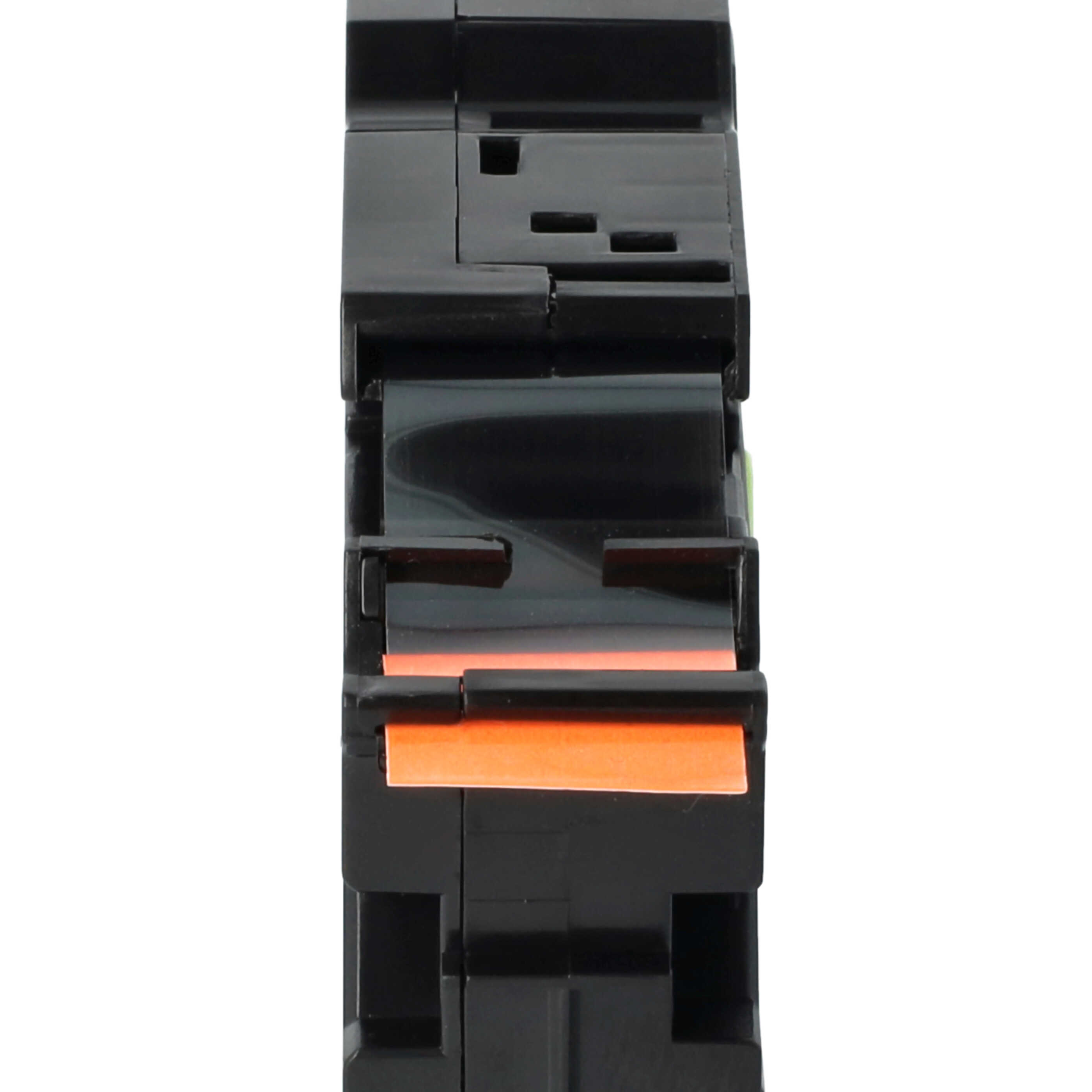Vertikale Aufnahme einer schwarzen elektrischen Komponente. Es hat orangefarbene und schwarze Teile mit weißem Hintergrund.