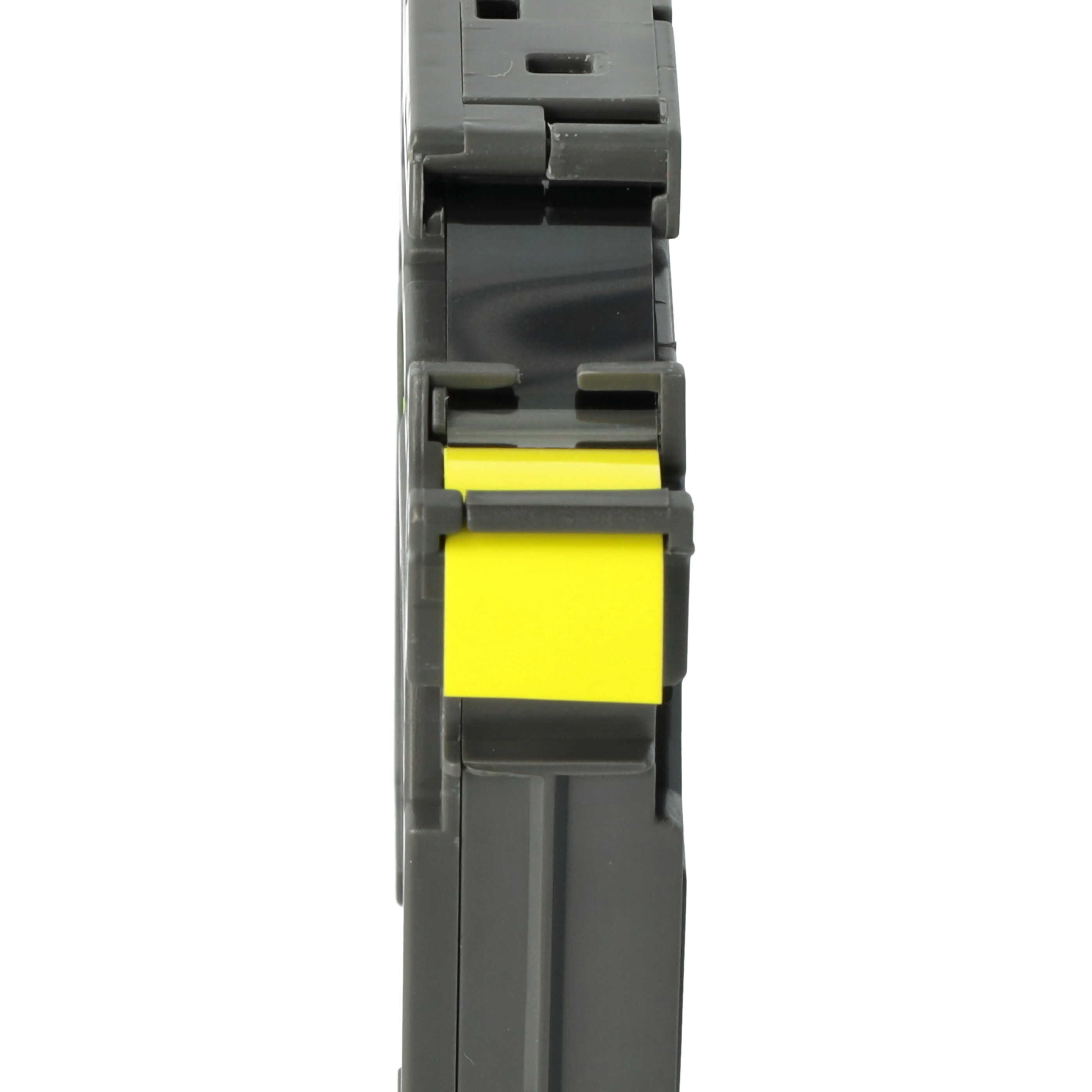 Eine grau-schwarze elektrische Komponente mit gelbem Etikett ist vertikal zentriert vor weißem Hintergrund.