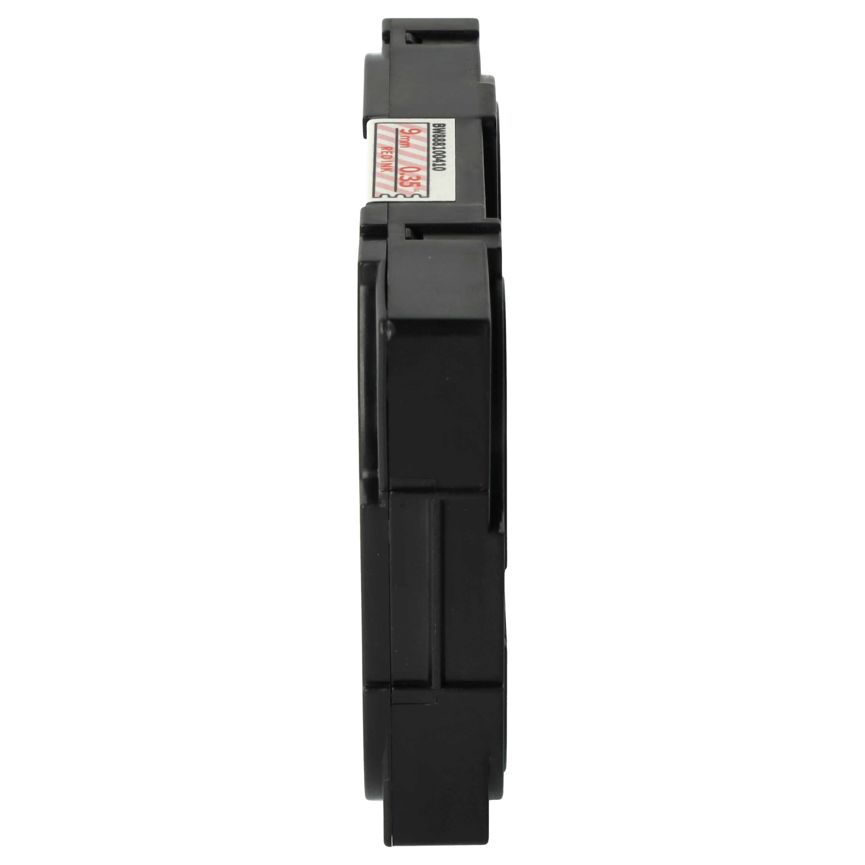 Ein schwarzes, rechteckiges elektronisches Bauteil mit einem Aufkleber mit Maßen und Etiketten auf weißem Hintergrund.