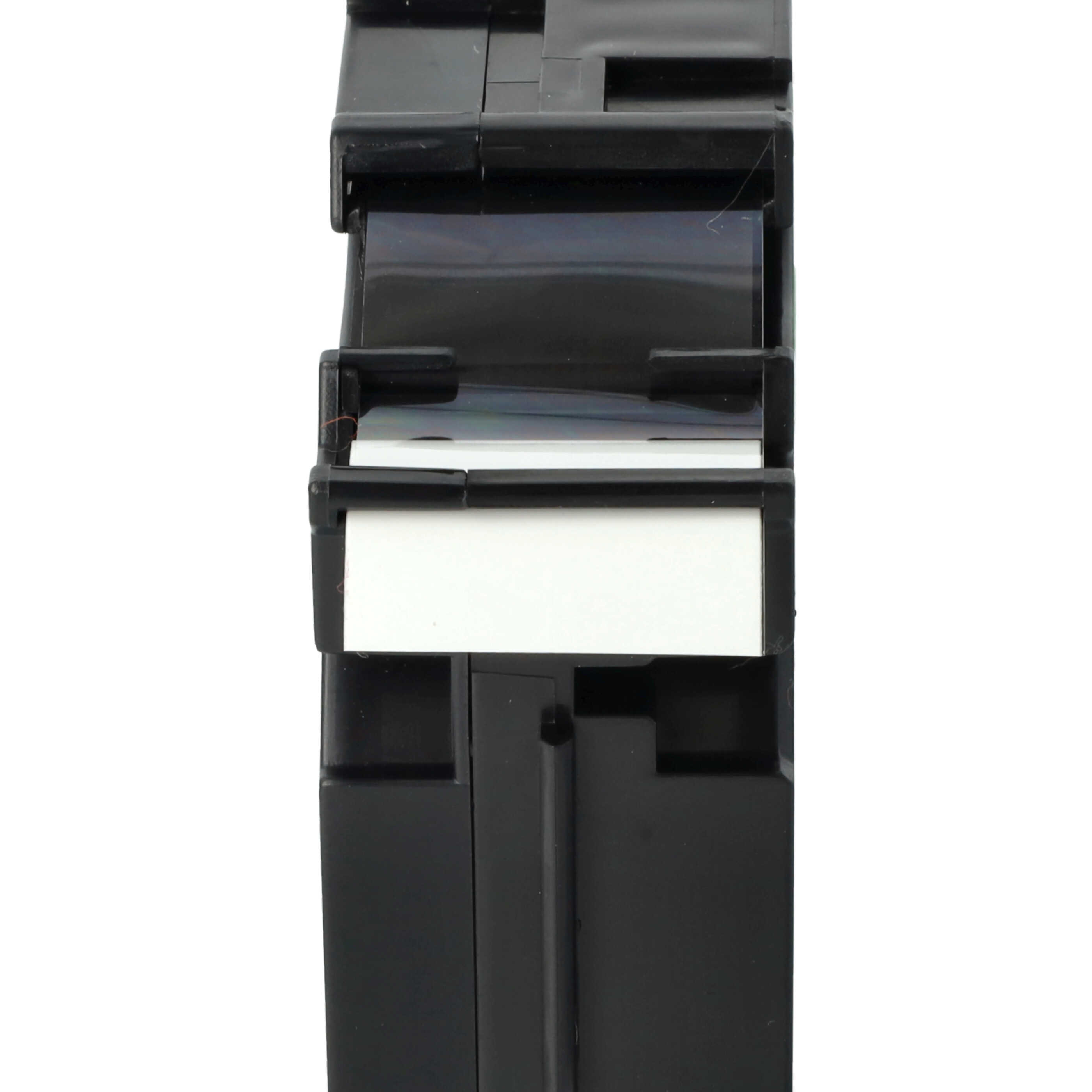 Eine schwarze elektrische Komponente mit weißem Etikett ist vor weißem Hintergrund zentriert.