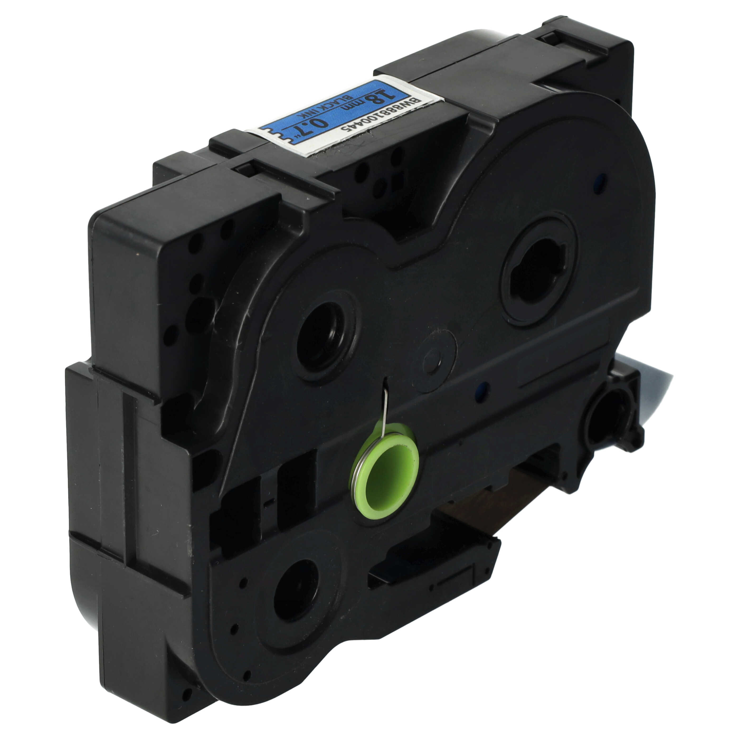 Eine schwarze Etikettierpatrone. Sie hat einen blau-weißen Aufkleber mit Details zu 18 mm schwarzer Tinte und 0,7 Zoll.