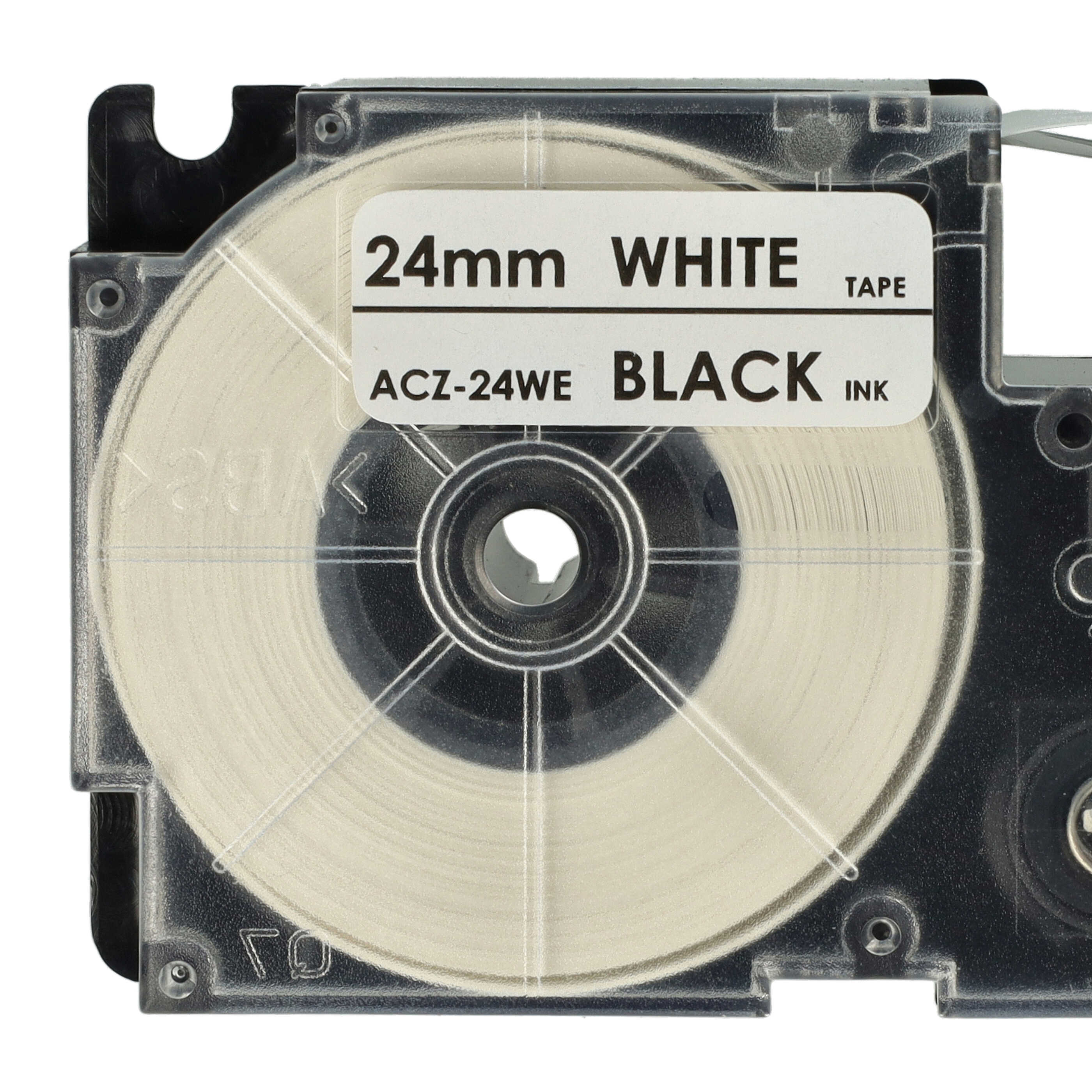Eine Etikettentrommel, transparenter Körper, weißes Band, schwarze Tinte. Das Etikett lautet: 24mm WEISSES BAND, SCHWARZE TINTE, ACZ-24WE.