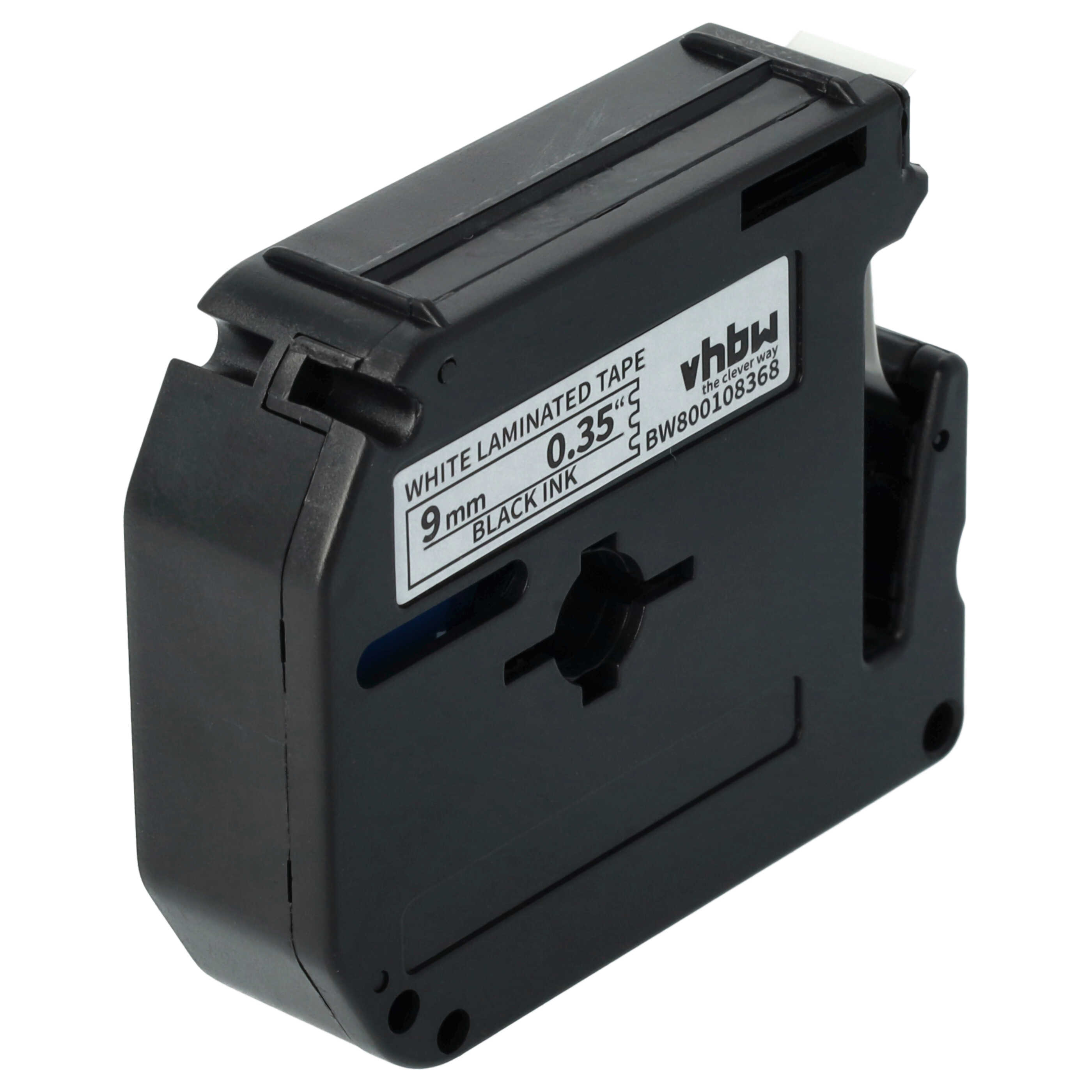 Schwarze Etikettendruckerpatrone mit weißem Text. Auf dem Etikett steht 'White Laminated Tape, 9mm, 0.35"'.