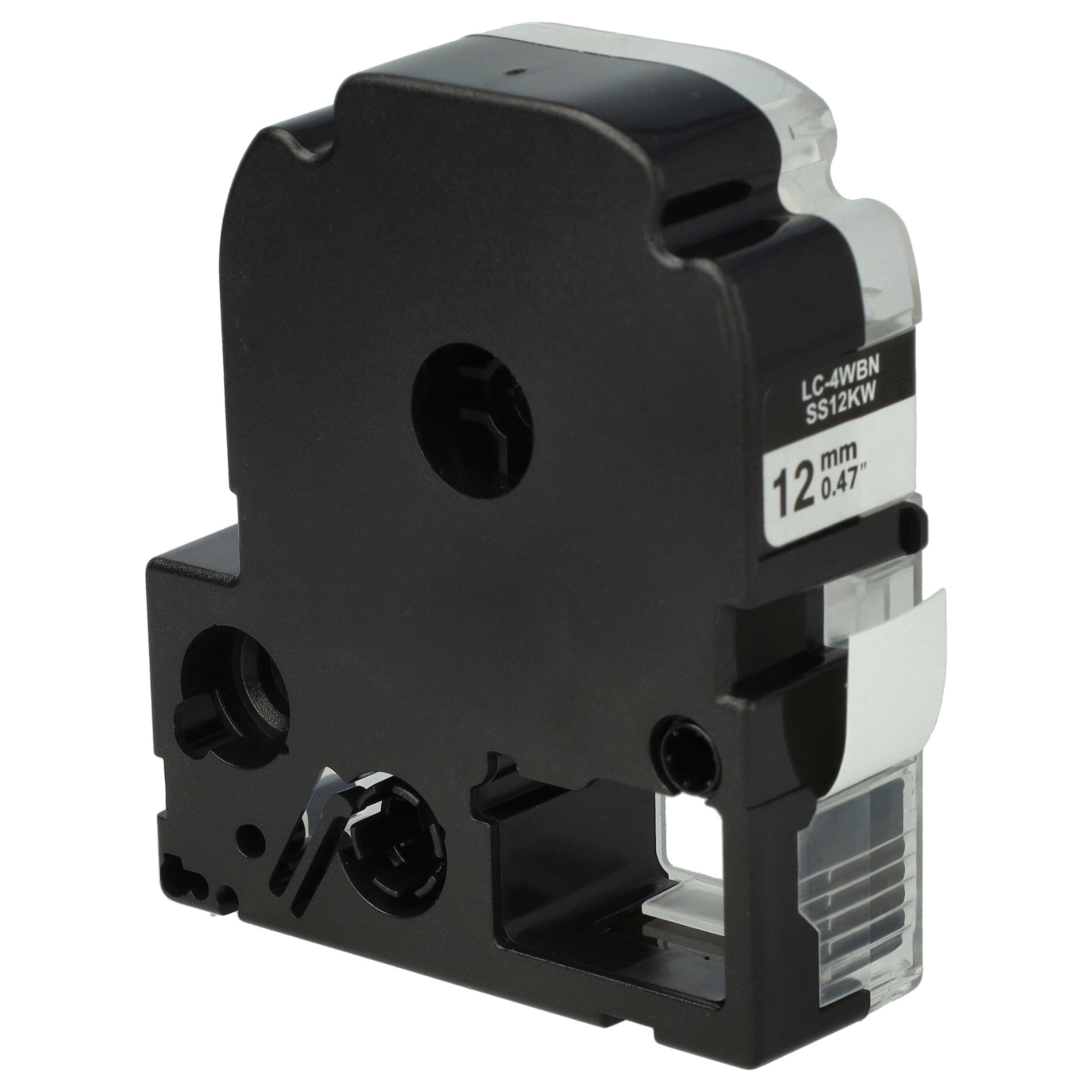Eine schwarze und transparente Etikettenpatrone. Sie hat ein Etikett mit der Aufschrift LC-4WBN SS12KW 12mm 0,47".