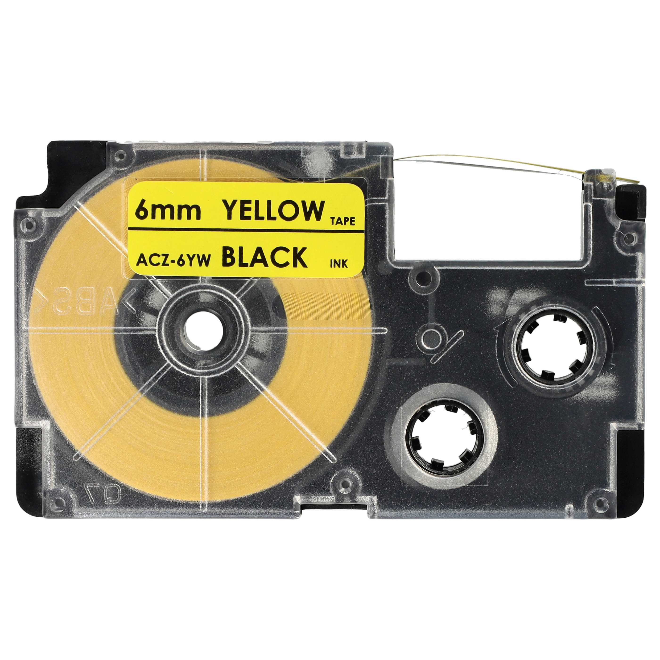 Eine transparente Etikettendruckerpatrone mit gelbem Band. Ein gelbes Etikett lautet '6mm YELLOW TAPE' und 'BLACK INK'.