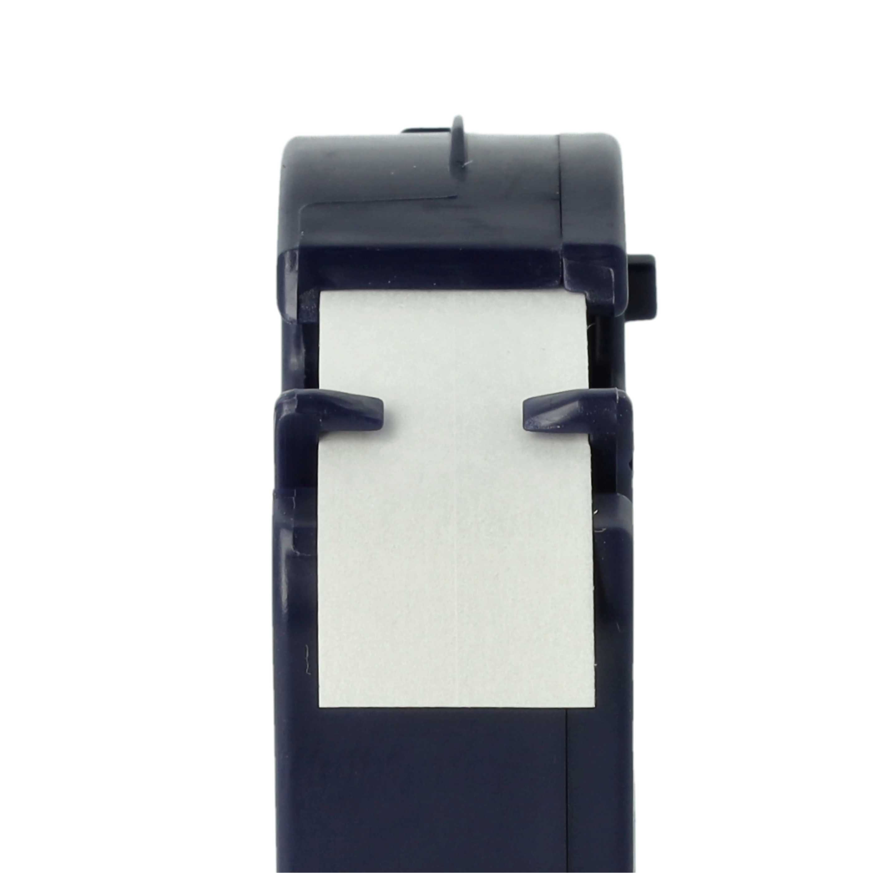 Ein dunkelblaues Gerät mit weißem Papier. Das Gerät hat eine rechteckige Form. Das Papier wird in der Mitte gehalten.