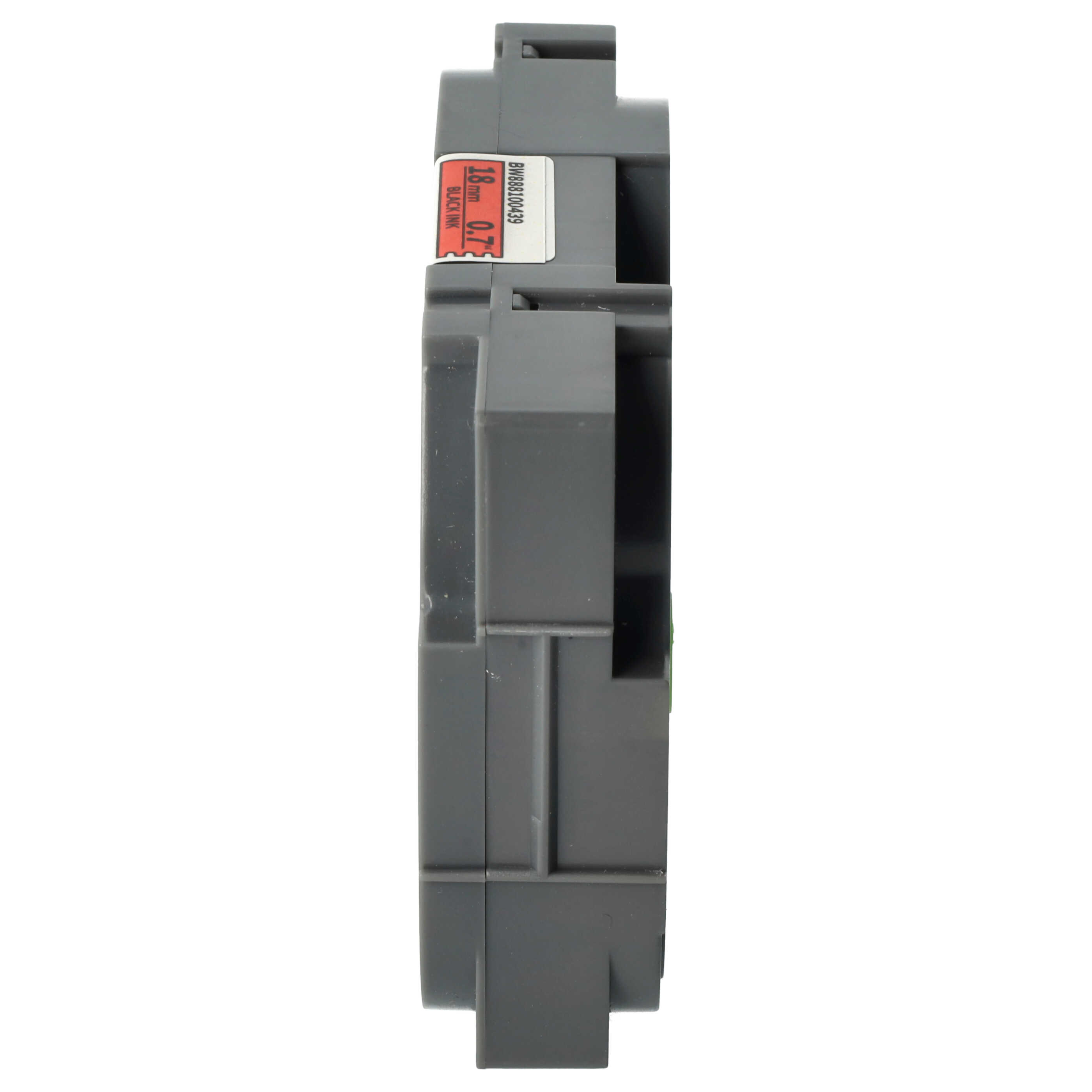 Graue elektrische Komponente mit rotem Aufkleber. Auf dem Aufkleber steht '18mm, 0,7' und 'Black Ink'.