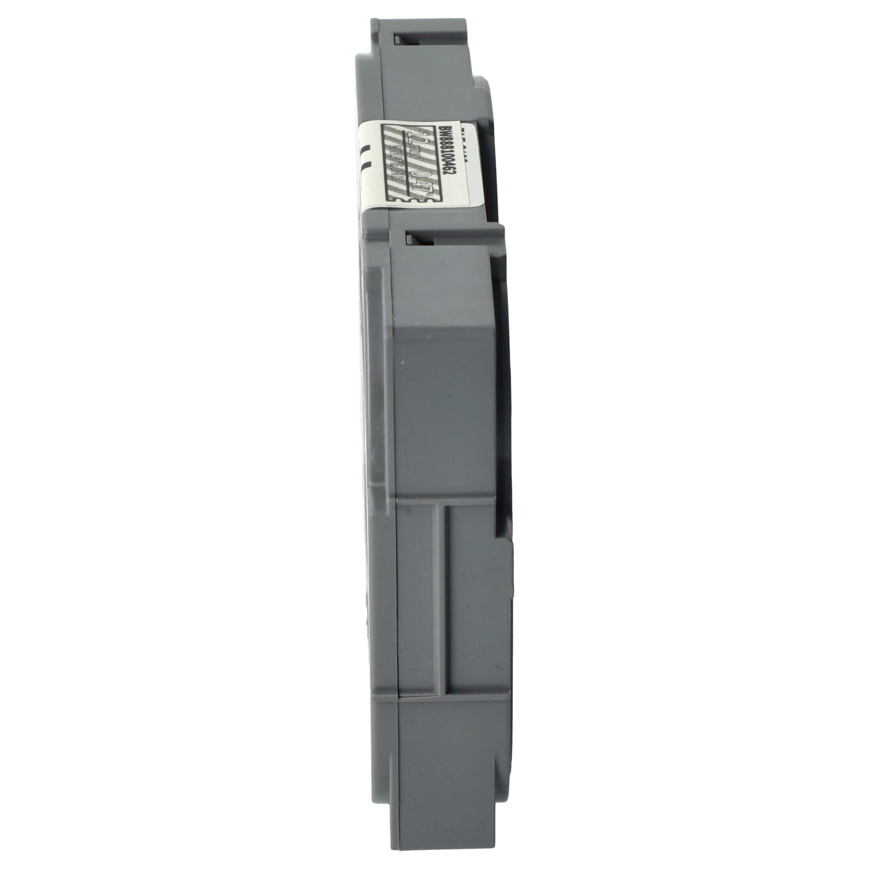 Ein graues elektronisches Bauteil mit einem weißen Aufkleber. Das Bauteil ist rechteckig mit einigen hervorstehenden Elementen.