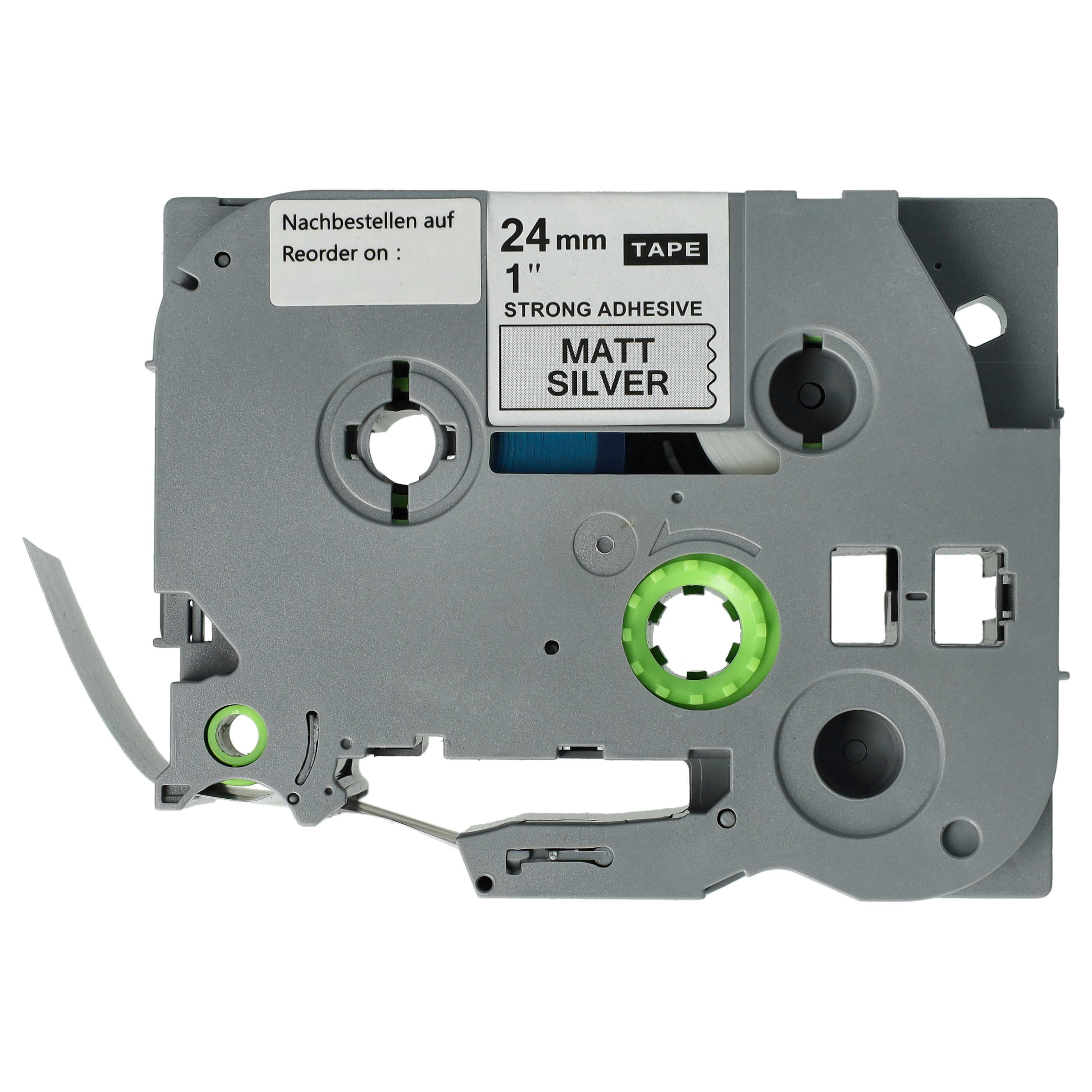 Eine graue Etikettentape-Kassette. Sie enthält Text zum Nachbestellen und Tape-Spezifikationen. Die Kassette hat grüne und schwarze Details.