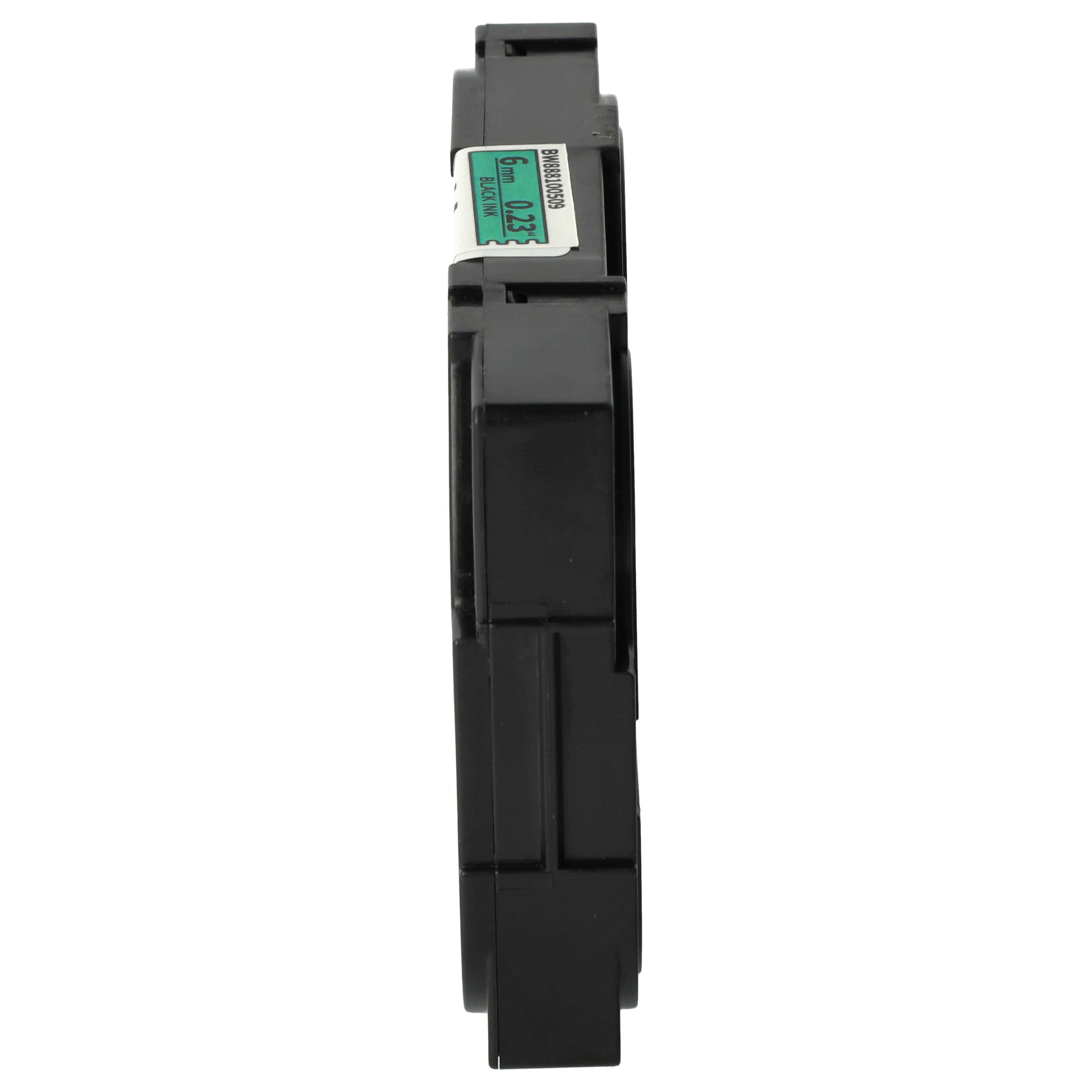 Eine schwarze Tintenpatrone mit grünem Etikett mit 6 mm, 0,23 Zoll und Details zur schwarzen Tinte auf weißem Hintergrund.