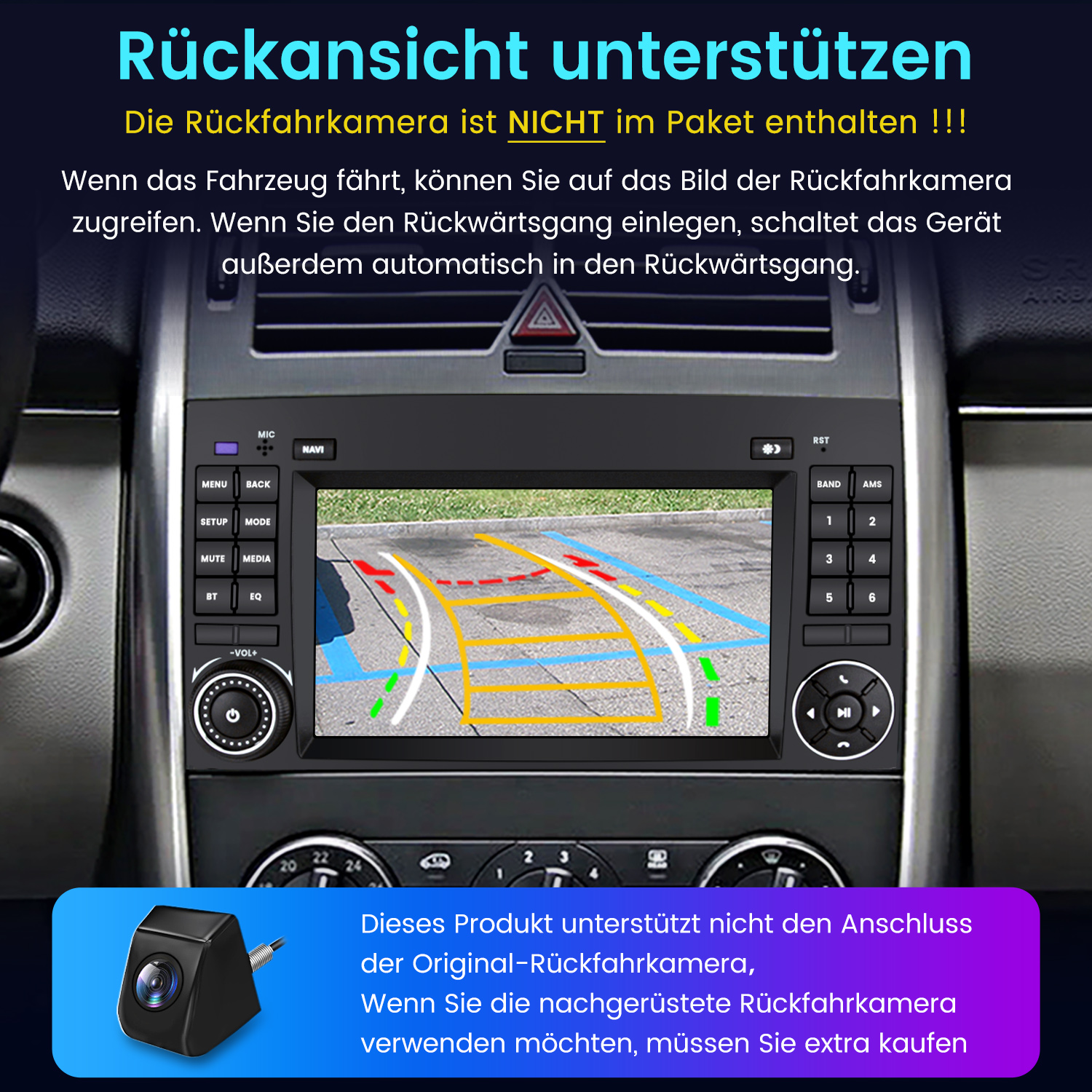 Armaturenbrett mit Display, das Parkhilfslinien zeigt. Text in Deutsch über Rückfahrkamera und Produktunterstützung.