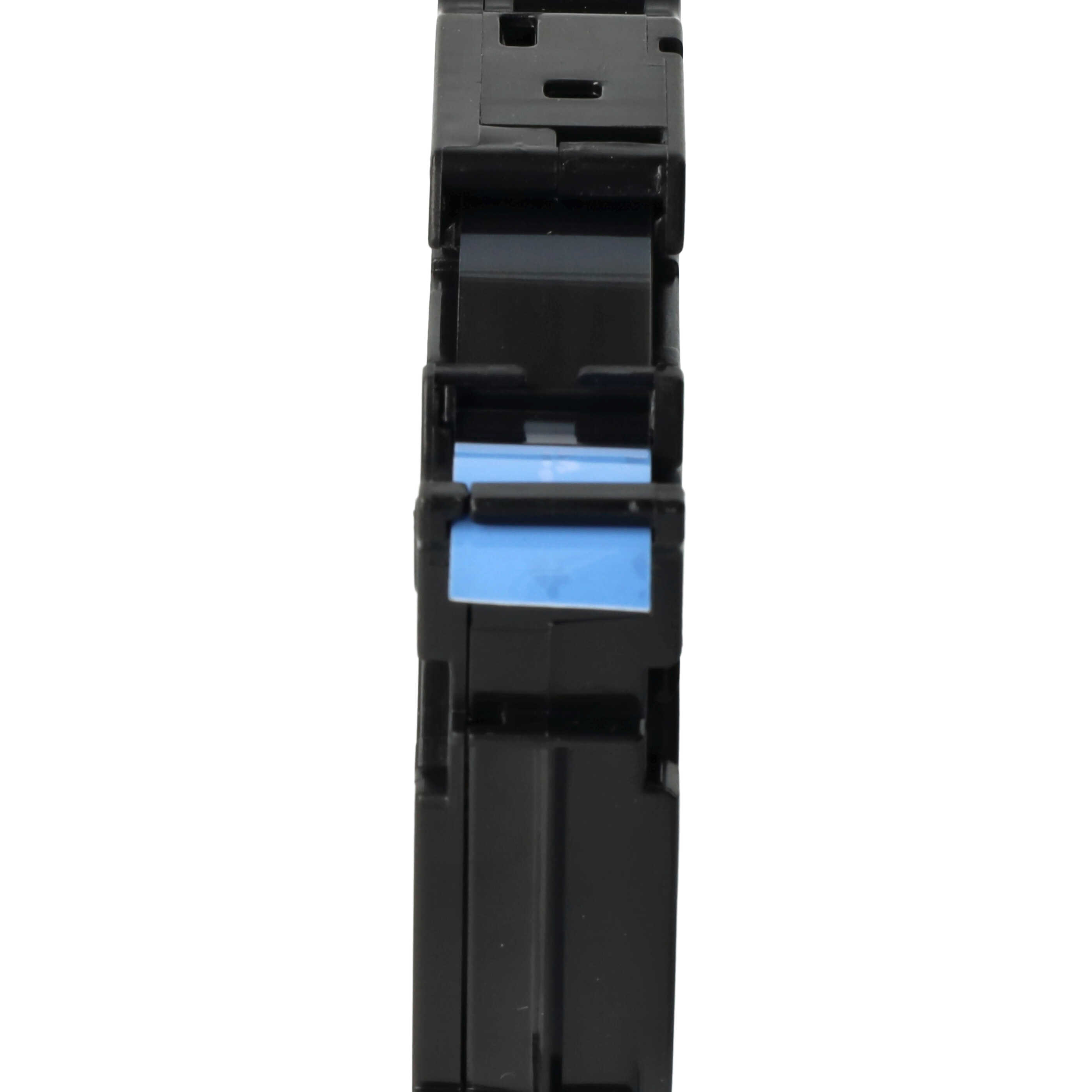 Eine schwarze elektrische Komponente mit einem hellblauen Etikett. Sie steht aufrecht vor weißem Hintergrund.