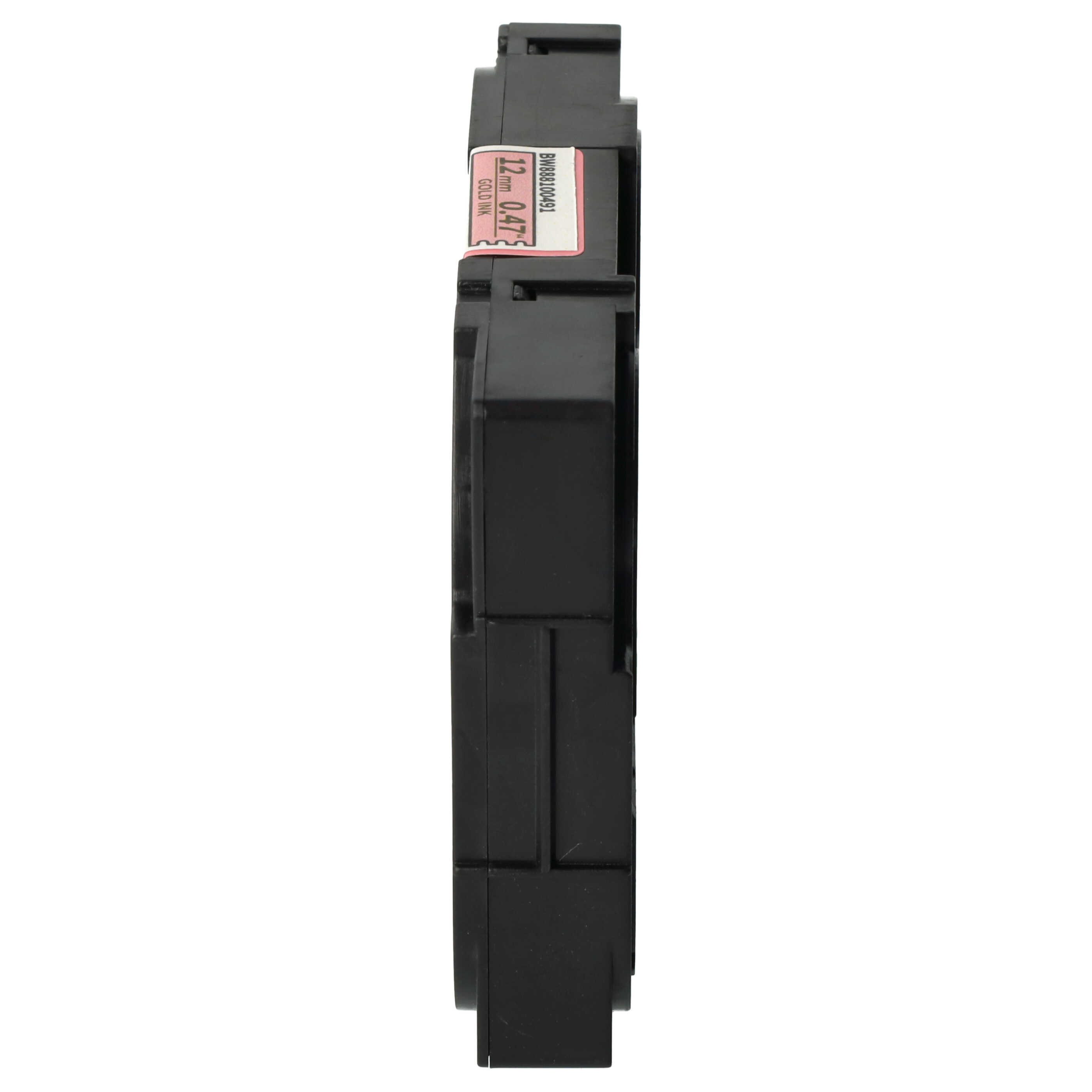 Ein schwarzes elektronisches Bauteil mit einem rosa Etikett mit Abmessungen und Spezifikationen auf weißem Hintergrund.