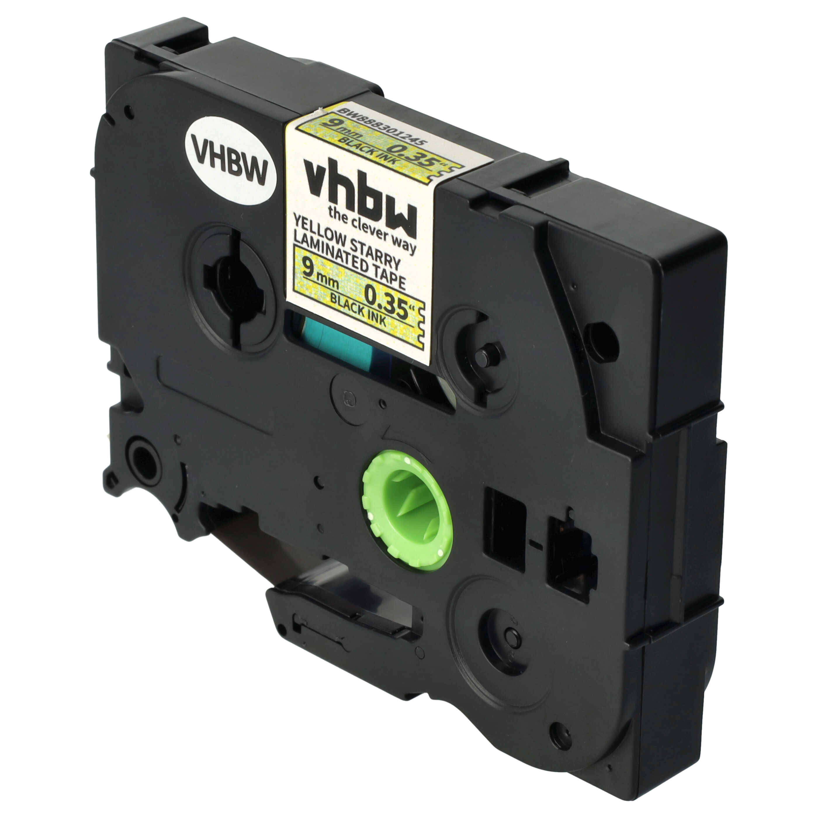 Schwarze und gelbe VHBW-Etikettenbandkassette. Mit Etikettendetails und einem grünen Rad.