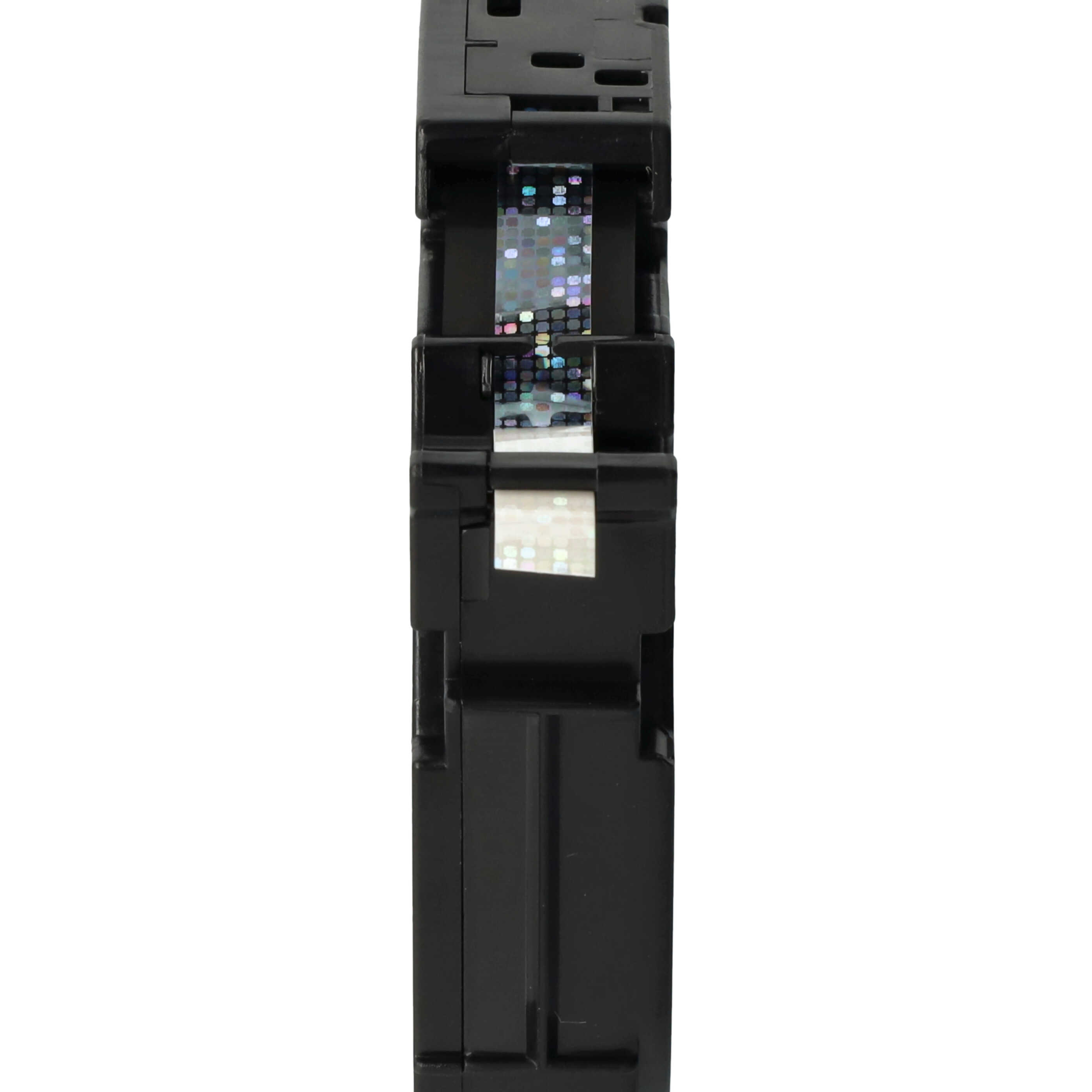 Eine schwarze elektrische Komponente steht vertikal vor einem weißen Hintergrund. Es hat einen holografischen Aufkleber.