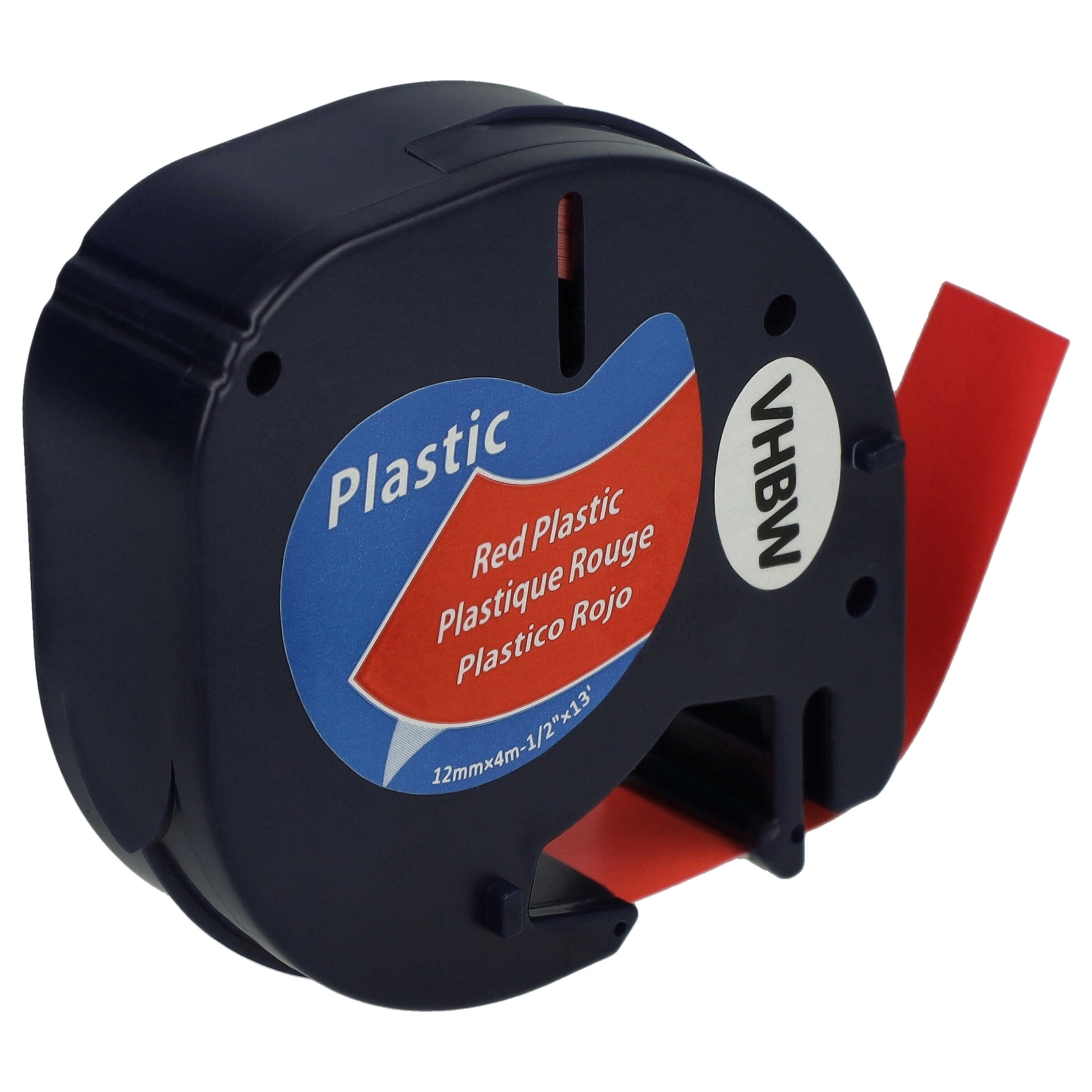 Ein dunkelblaues Kunststoff-Etikettiergerät mit rotem Klebeband, auf dem Etikett steht 'Plastic' und 'Red Plastic'.