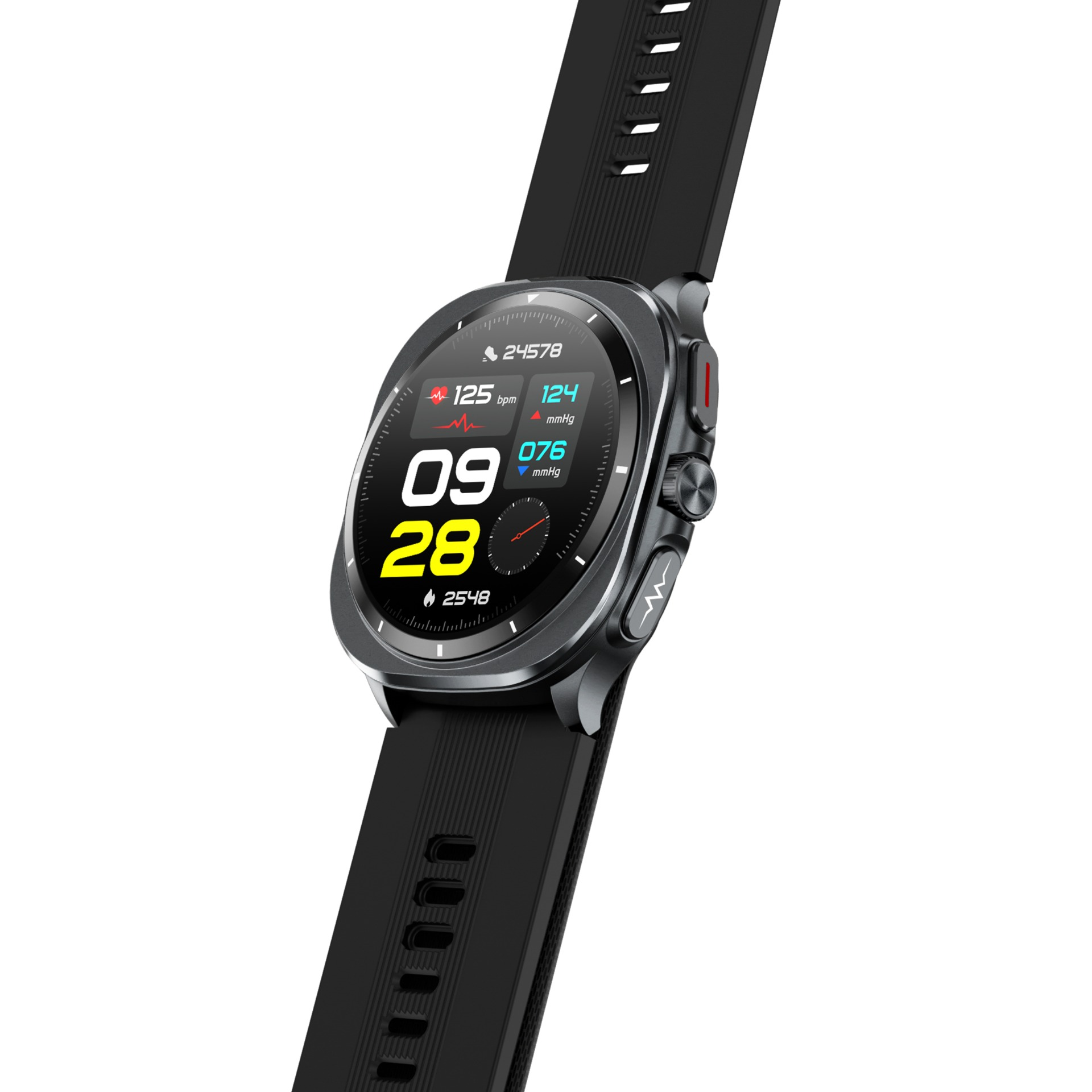Czarny smartwatch wyświetla wskaźniki zdrowia, takie jak tętno i ciśnienie krwi. Jest ustawiony pod kątem na białym tle.
