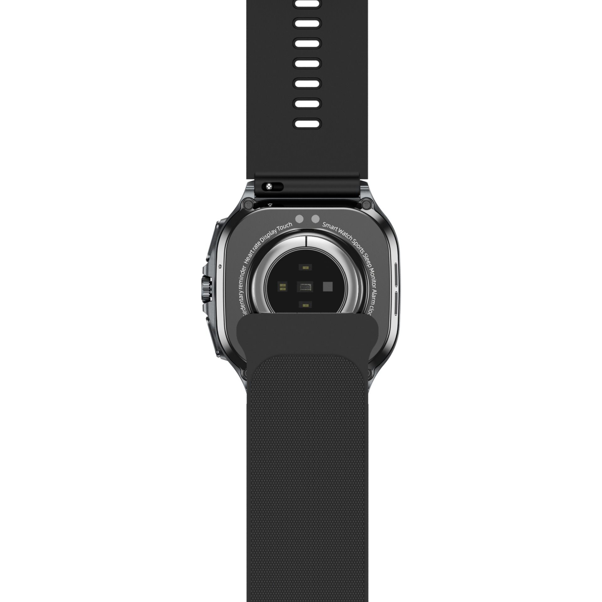 Czarny smartwatch, widok od spodu. Czarny pasek z otworami. Metalowa tarcza, z tekstem, jak 'Tętno' i czujnikami.