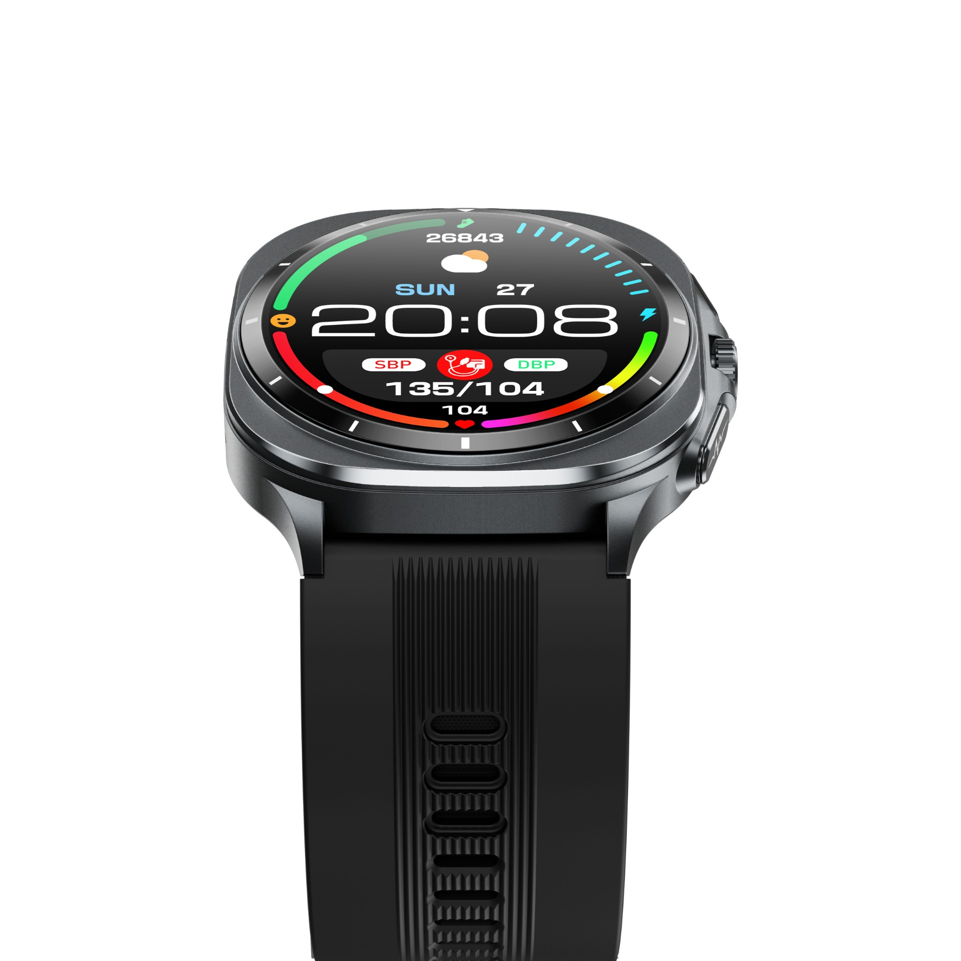 Czarny smartwatch z cyfrowym wyświetlaczem pokazującym godzinę, datę i wskaźniki zdrowia, na białym tle.