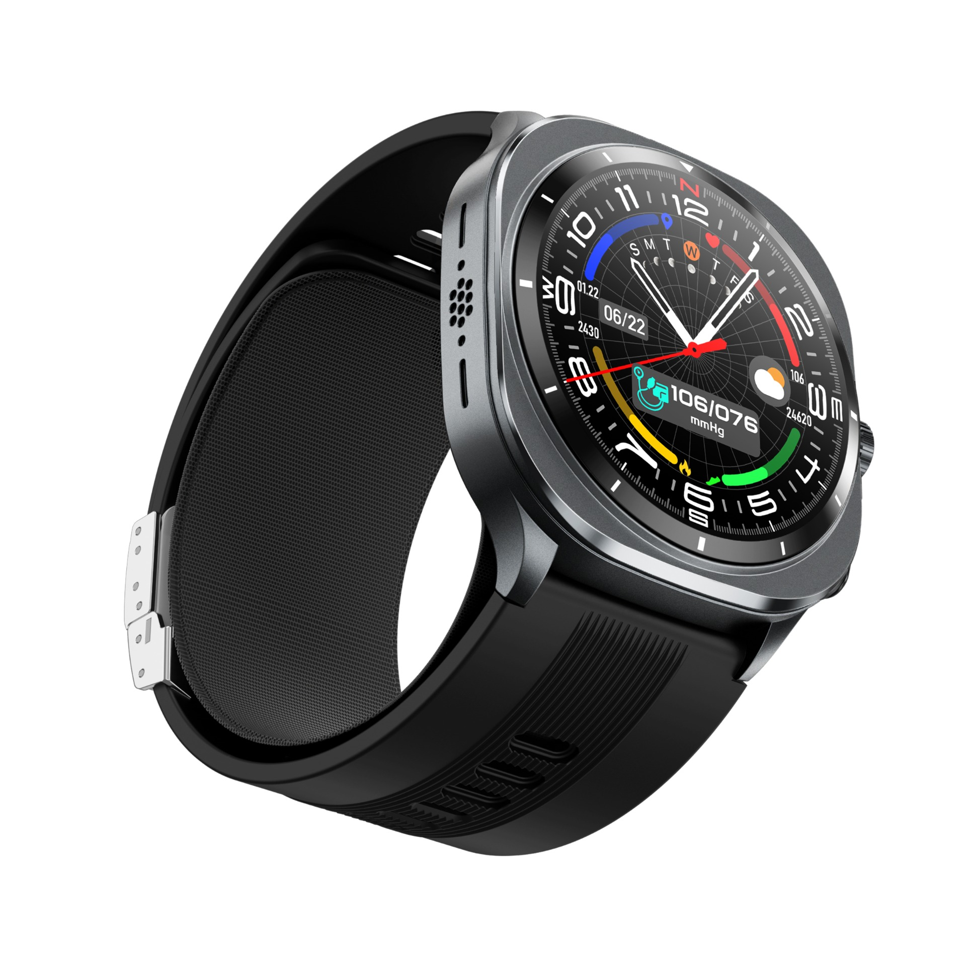 Czarny smartwatch ze srebrną ramką wyświetlający czas i dane zdrowotne. Czarny pasek, na białym tle.