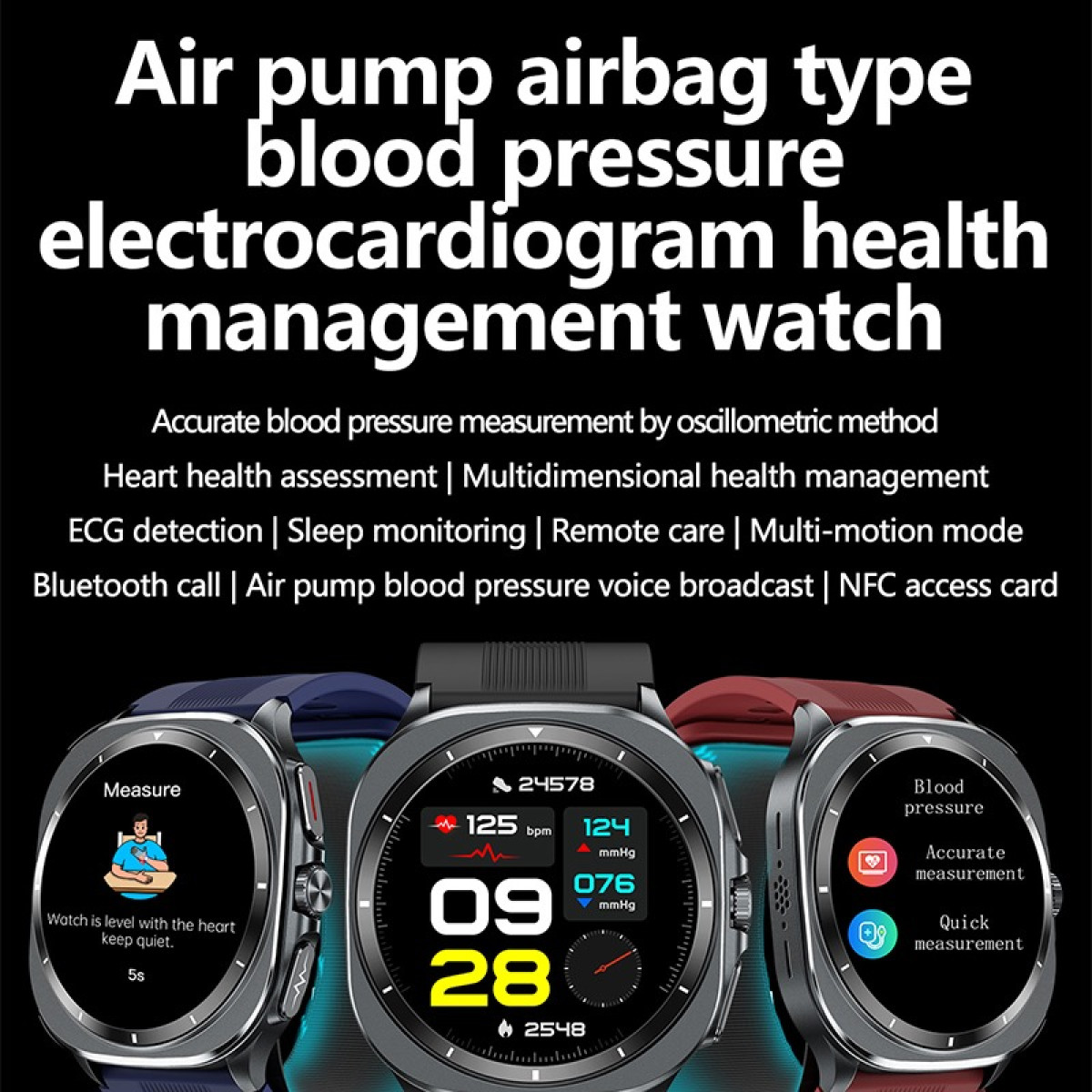 Smartwatch z funkcjami zdrowotnymi. Wyświetla ciśnienie krwi, EKG i tętno. Tekst na ekranie: Typ poduszki powietrznej pompy powietrza i więcej.