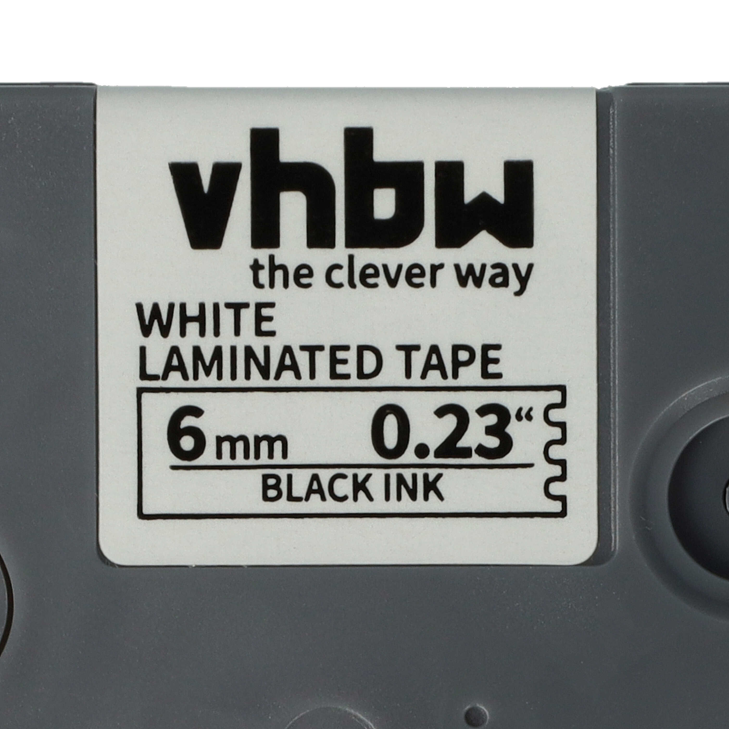 Ein Etikett für weißes Laminierband mit schwarzer Tinte. Es zeigt die Marke vhbw und Größenangaben: 6 mm x 0,23".