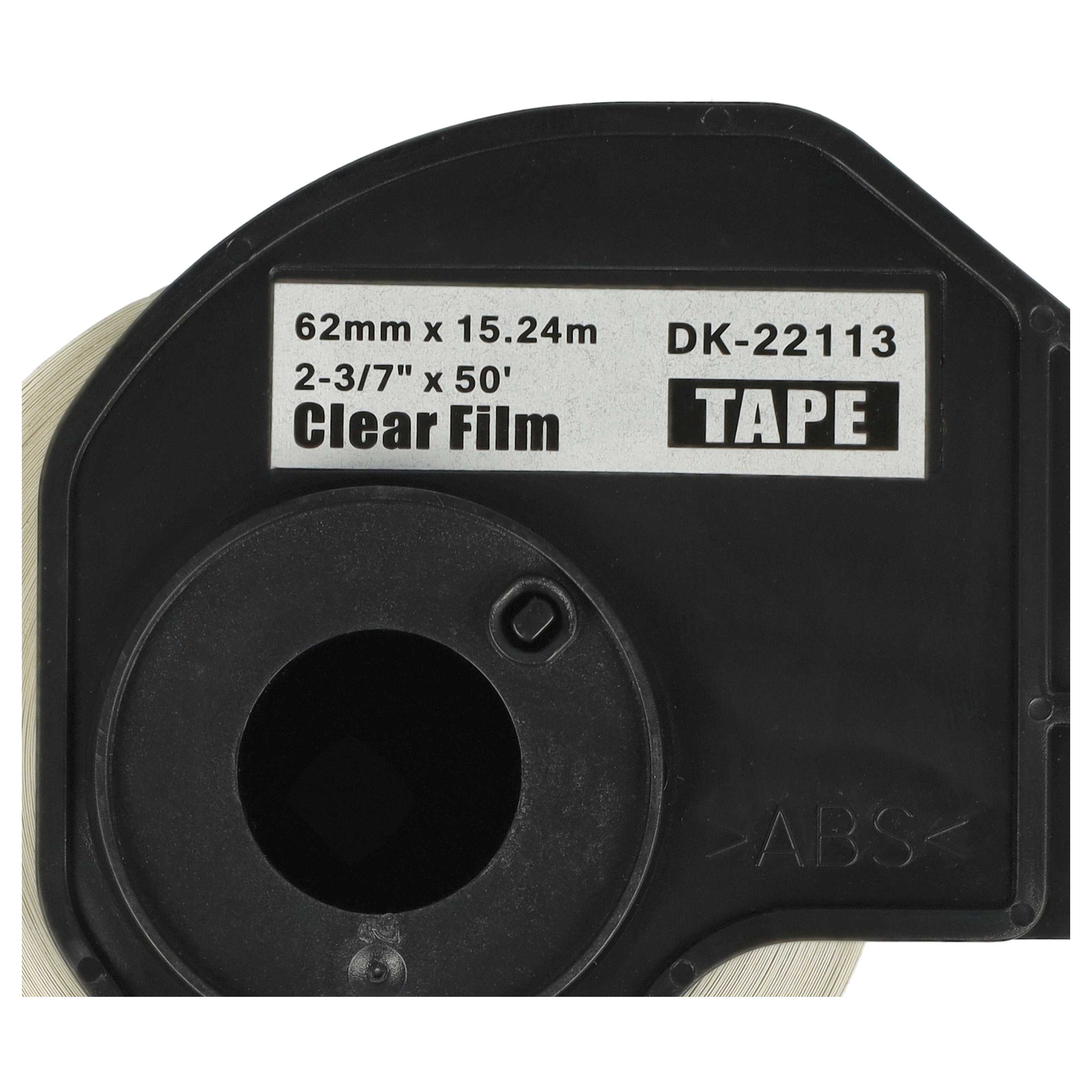 Schwarzer Etikettenspender mit Text: 62mm x 15,24m, Clear Film, DK-22113, TAPE und ABS. Das Klebeband ist sichtbar.