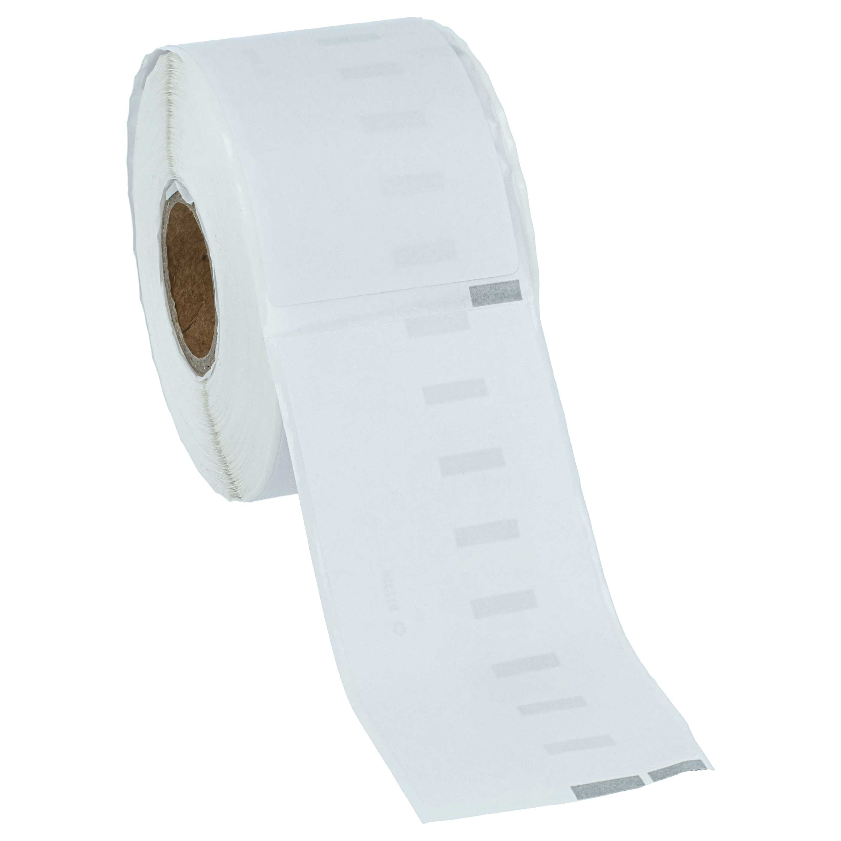 Eine Rolle weißer Etiketten mit braunem Pappkern. Etiketten haben graue Markierungen.