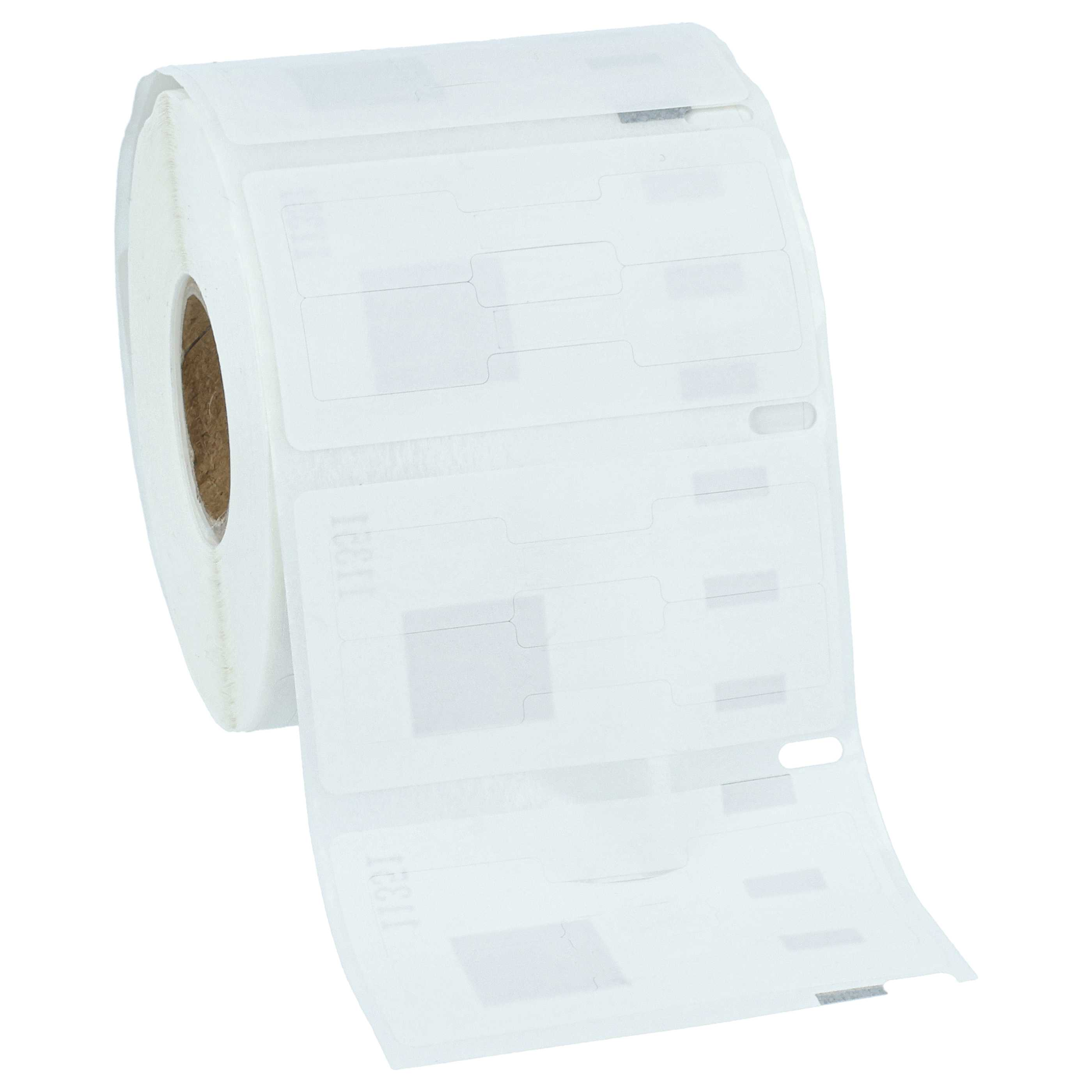 Eine Rolle weißer Klebeetiketten wird gezeigt. Die Etiketten haben eine Reihe von Aussparungen und Perforationen. Der Kern ist braun.