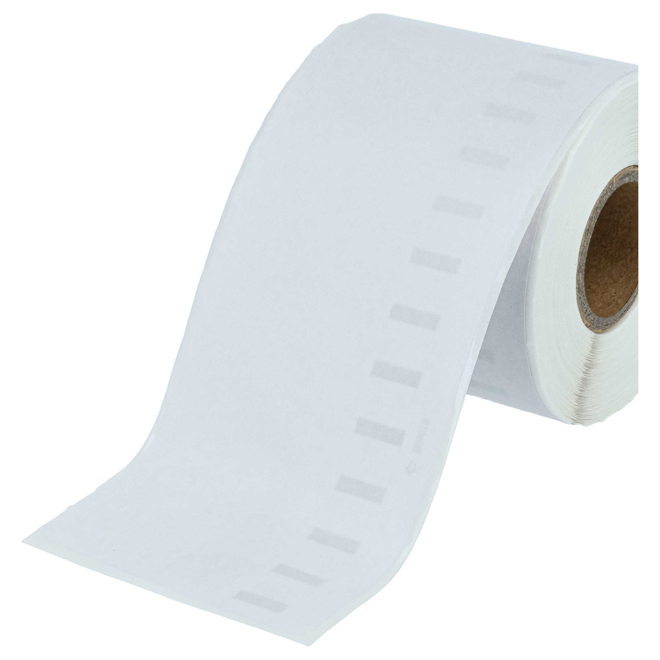 Eine Rolle weißes Etikettenpapier mit rechteckigen Markierungen. Das Papier ist abgerollt und zeigt die Etiketten und den Kern.