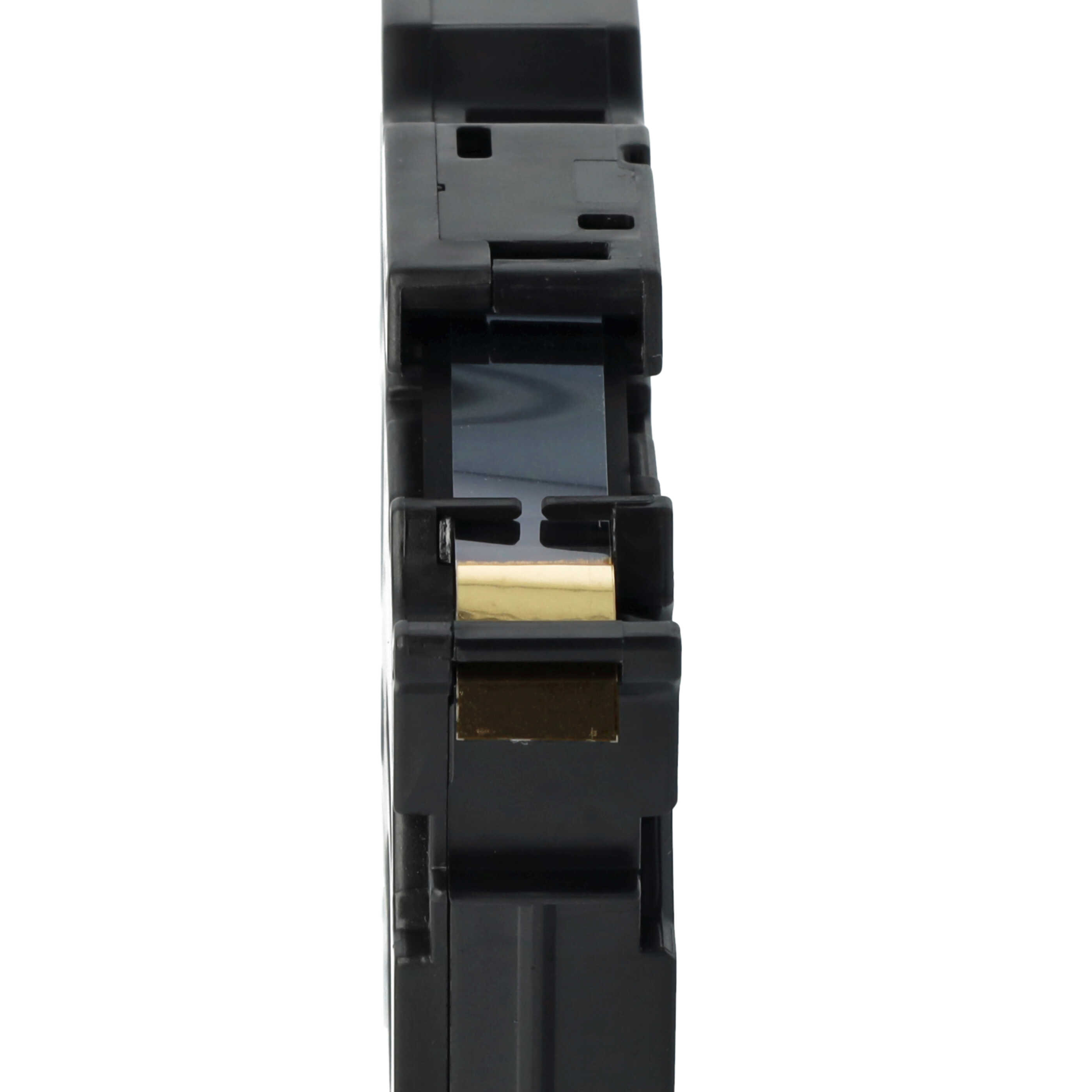 Eine schwarze elektrische Komponente mit einem silbernen Innenteil und einem goldenen Teil. Es ist vor einem weißen Hintergrund platziert.
