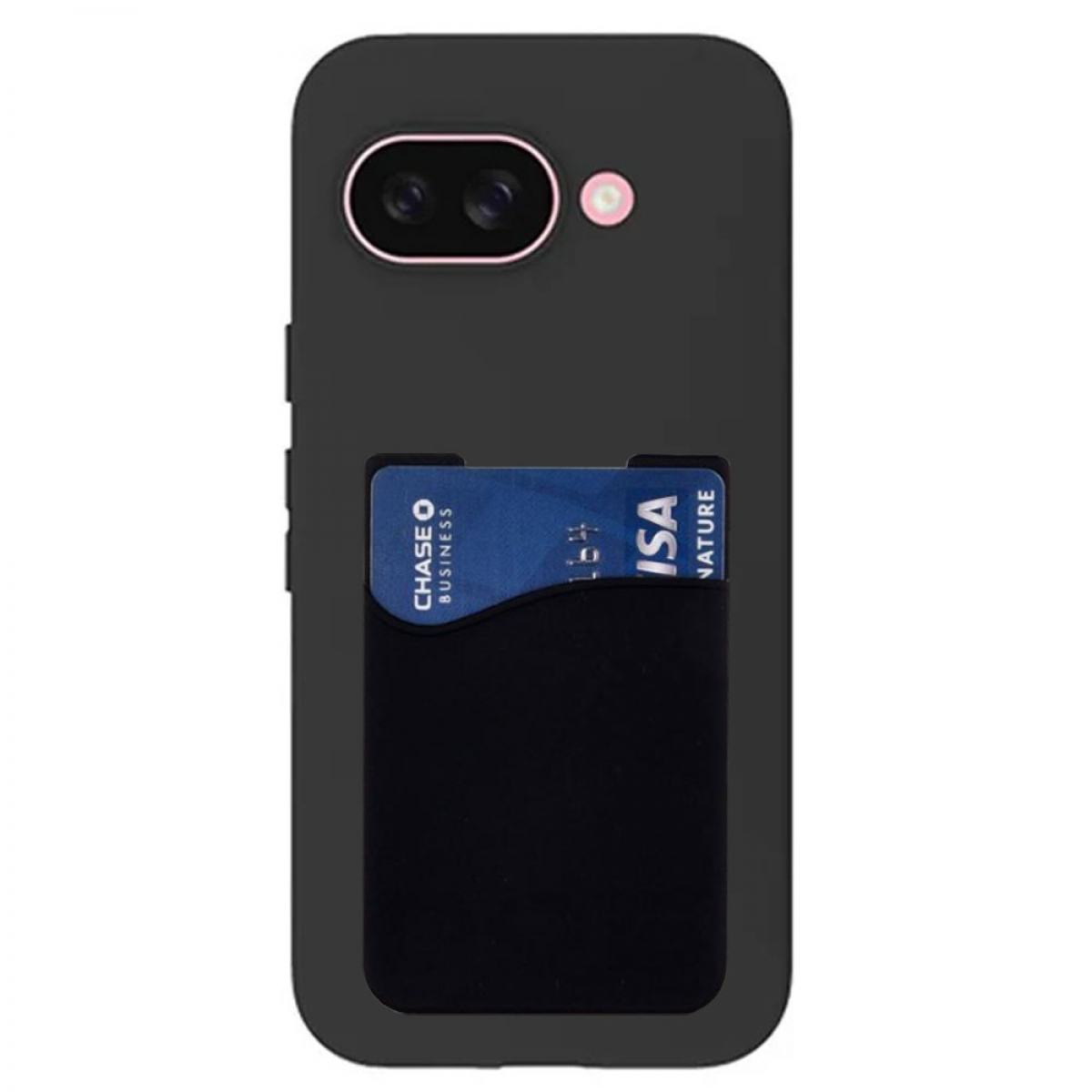 Eine schwarze Handyhülle mit einer Kreditkarte im Schlitz. Die Karte ist blau und hat Visa- und Chase Business-Logos.