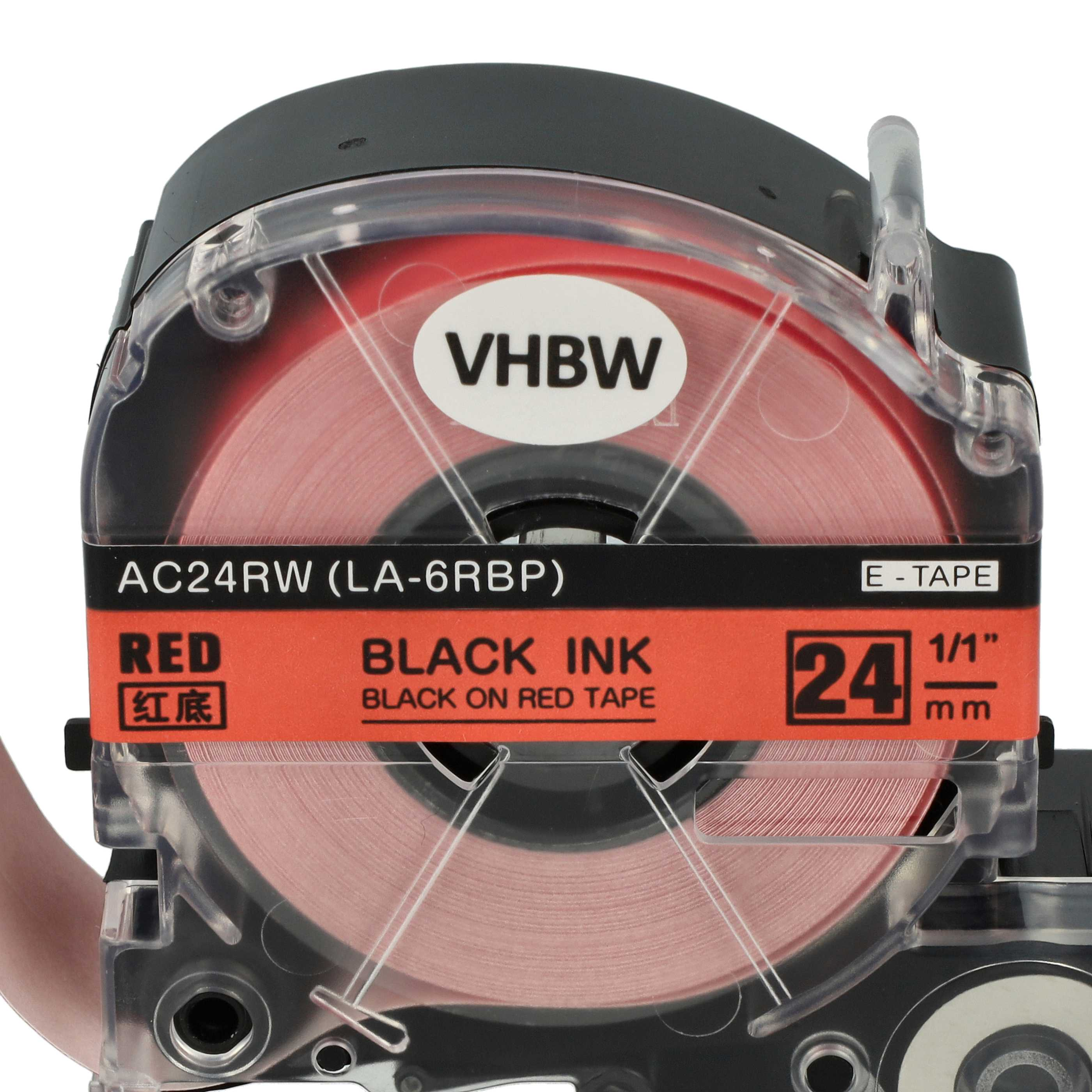 Eine Etikettendruckerpatrone mit rotem Band. Schwarze Tinte ist sichtbar. Der Text enthält 'VHBW' und 'BLACK INK'.