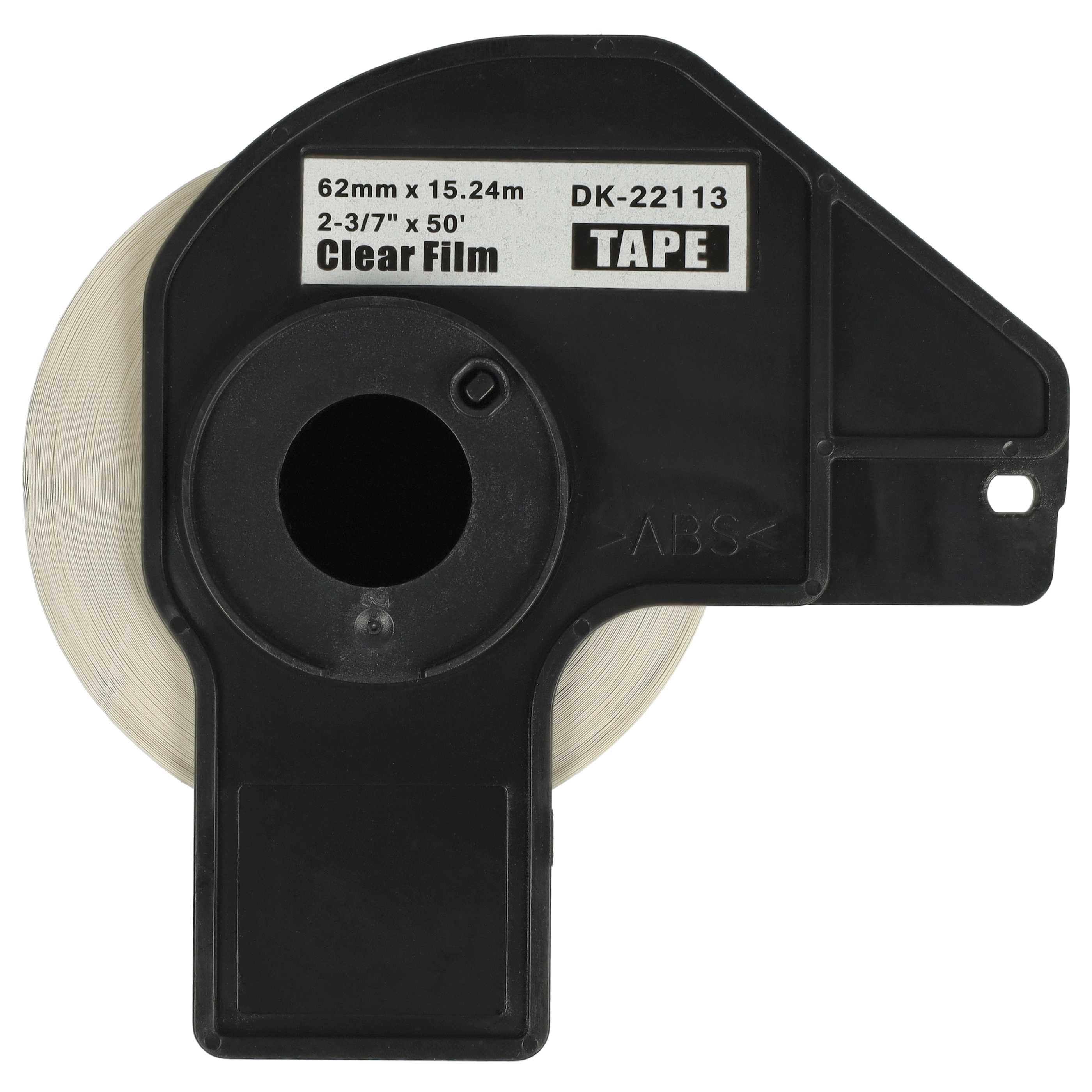 Schwarze und beige Etikettenbandkassette. Auf dem Band steht: 62 mm x 15,24 m, DK-22113, 2-3/7" x 50', Clear Film, TAPE.