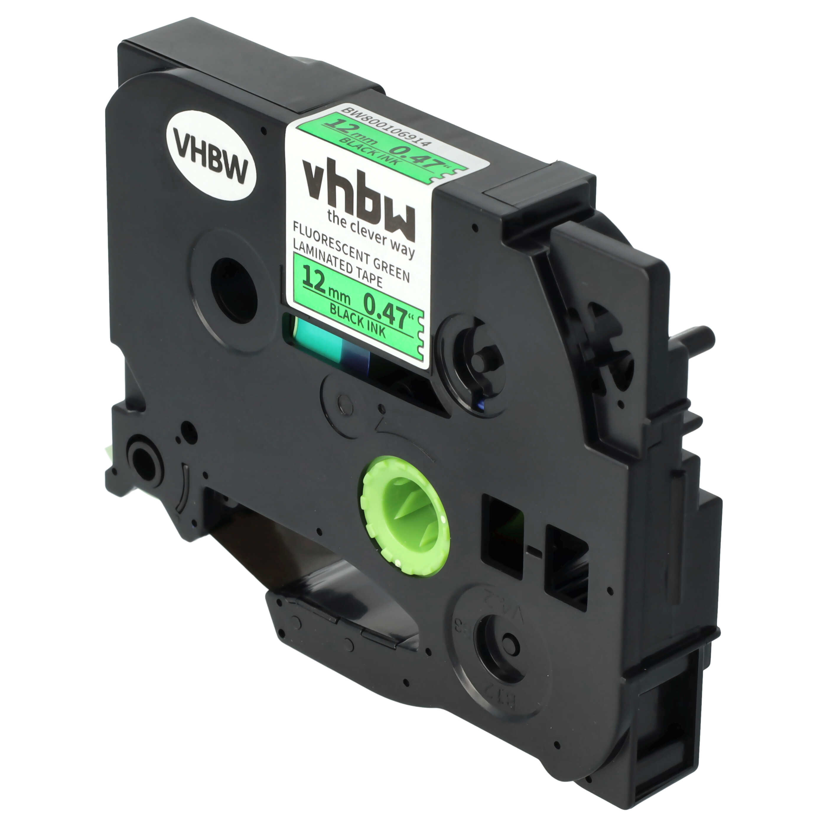 Eine schwarze vhbw-Etikettenbandkassette mit fluoreszierendem grünem laminiertem Band, schwarzer Tinte und grünen Akzenten.