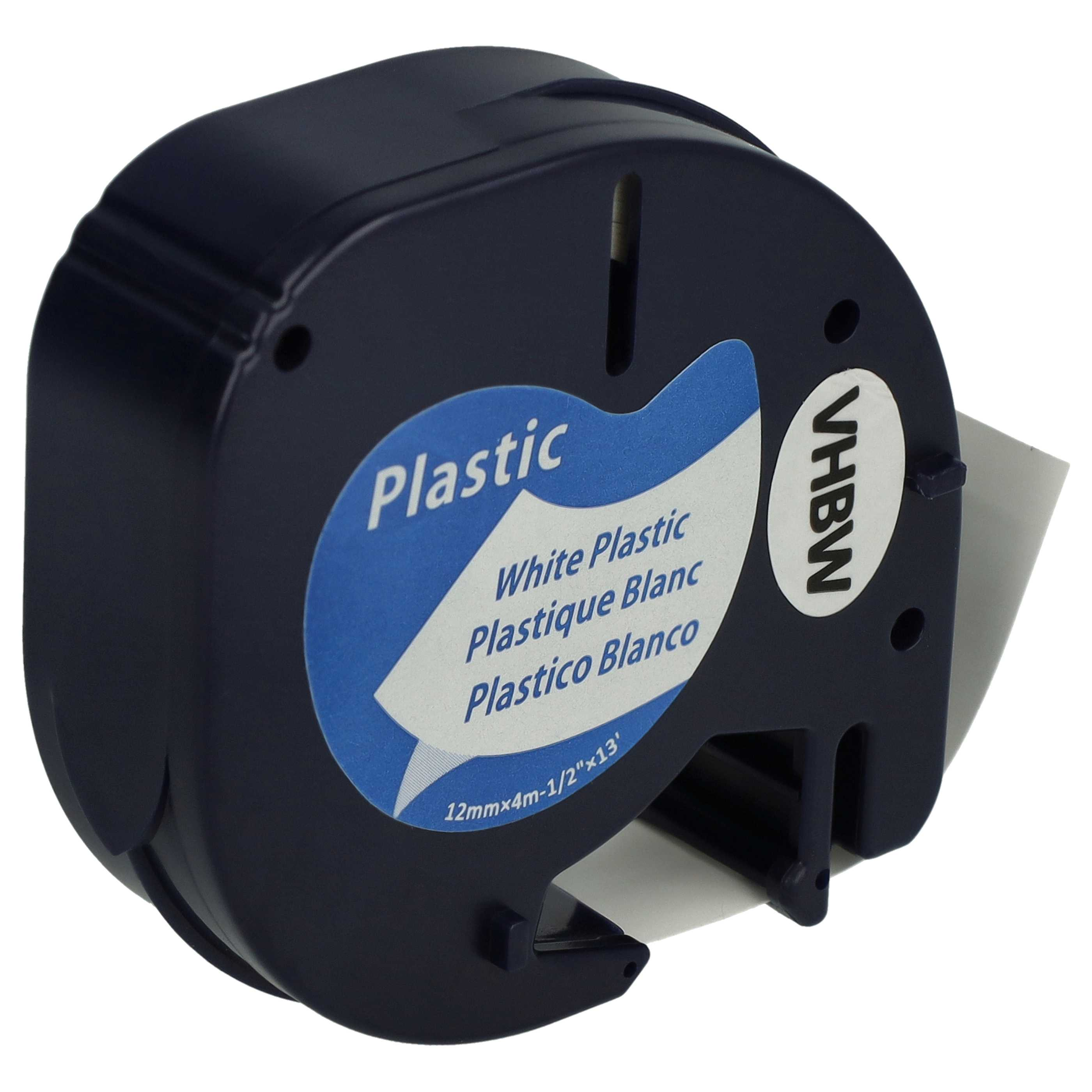 Eine marineblaue Etikettendruckerpatrone. Sie hat ein blau-weißes Etikett mit der Aufschrift 'Plastic' in mehreren Sprachen.
