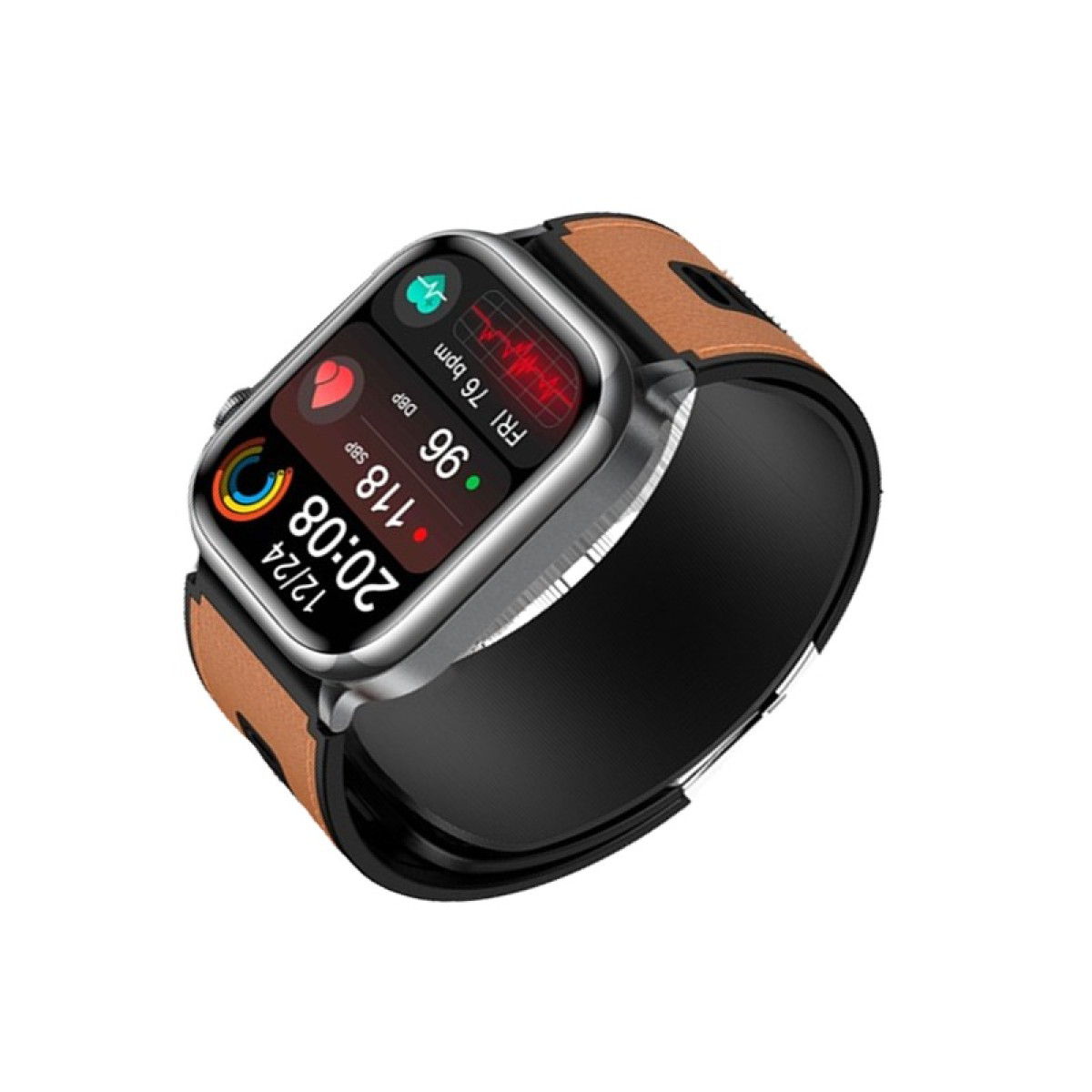 A smartwatch with a black strap and brown leather accents. The screen displays health metrics like heart rate and blood pressure.