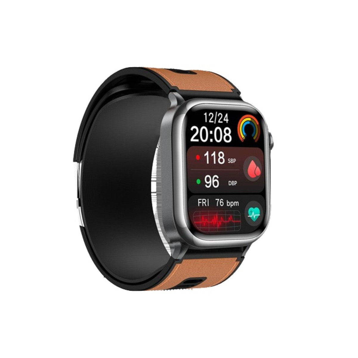 A smartwatch with a silver case and brown leather strap displays time, blood pressure, and heart rate data.
