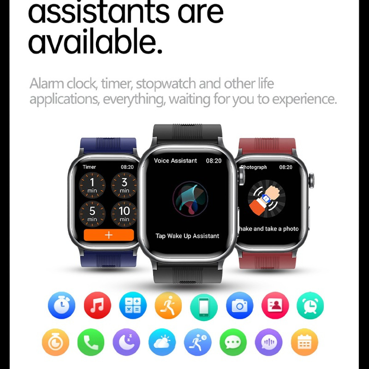 Drei Smartwatches mit verschiedenen Oberflächenanzeigen, darunter Timer, Sprachassistent und Fotofunktionen, mit farbenfrohen App-Symbolen darunter.