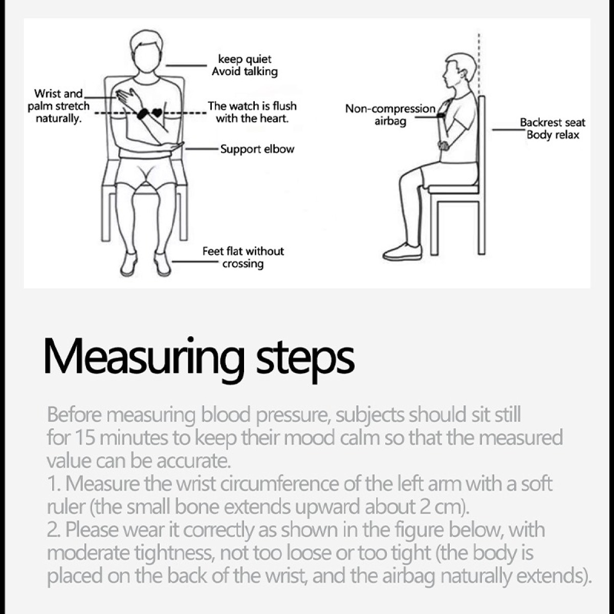 Diagramm zeigt die richtige Körperhaltung für die Blutdruckmessung. Eine Person sitzt, Handgelenk auf Herzhöhe, Füße flach, Rücken gestützt.